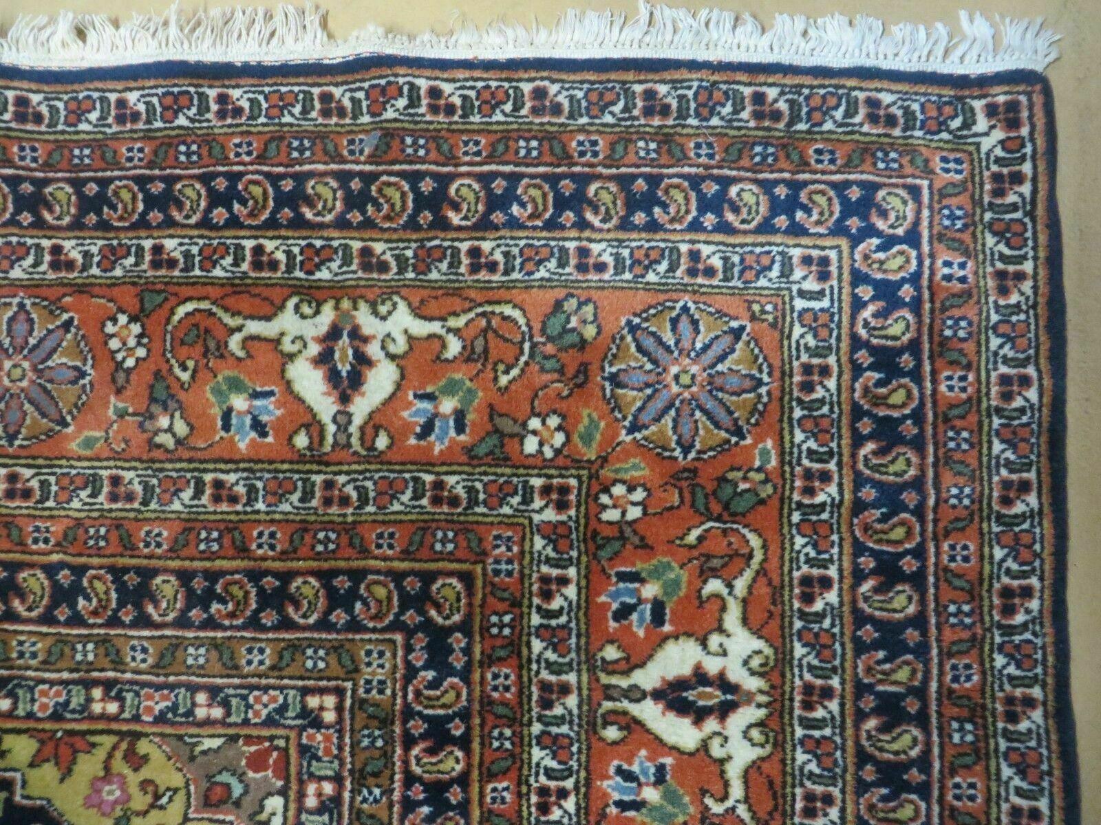 Indo Persian Rug 9x12, Semi Open Field Medallion, Ivory Tomato Red Navy Blue, Hand Knotted Indian Oriental Wool Carpet 9 x 12 ft, Room Sized - Jewel Rugs