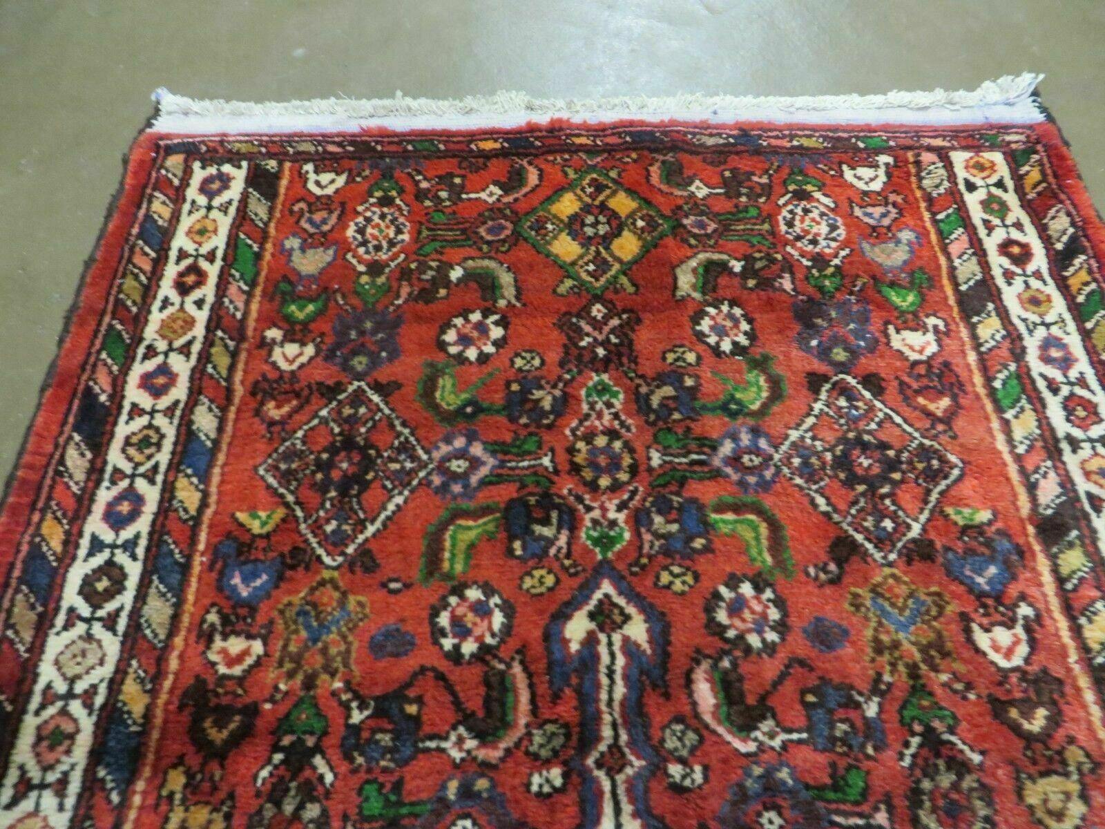 Persian Runner Rug, Antique Hamadan Runner Wool Tribal Runner, Handmade Oriental Rug, Medallion Allover Floral, Red Navy Blue Ivory, 3.4 x 7.9 ft - Jewel Rugs