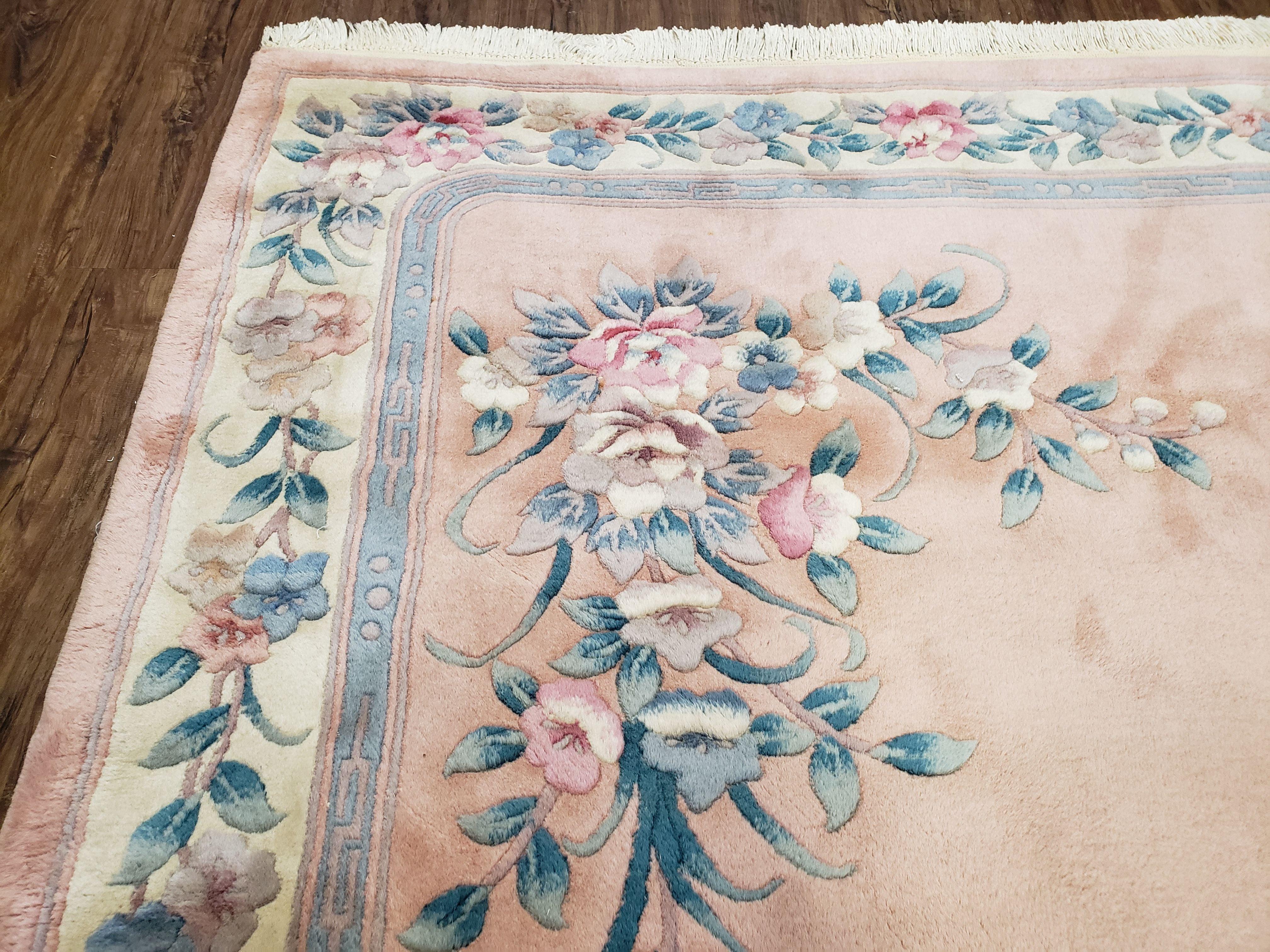 Vintage Light Pink Chinese Carving Area Rug, Floral Plush Carpet, Soft Pile, Hand-Knotted, Pink & Teal, Pastel Colors Home Decor, 5.4 x 8.2 - Jewel Rugs