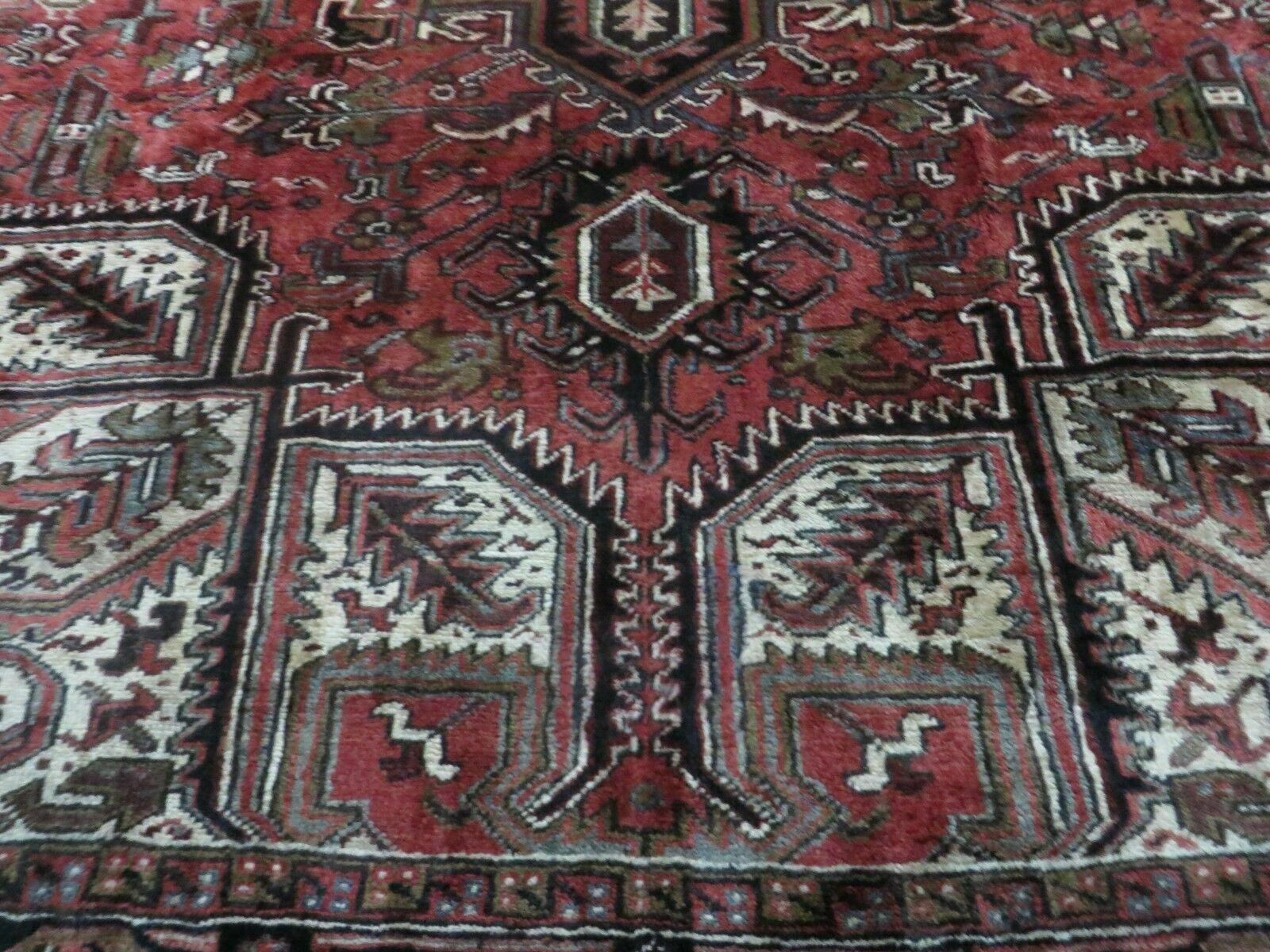 Persian Heriz Rug 8x12 Semi Antique Heriz Carpet, Room Sized Persian Carpet, Geometric Medallion, Wool, Hand Knotted, Red Ivory Dark Blue - Jewel Rugs