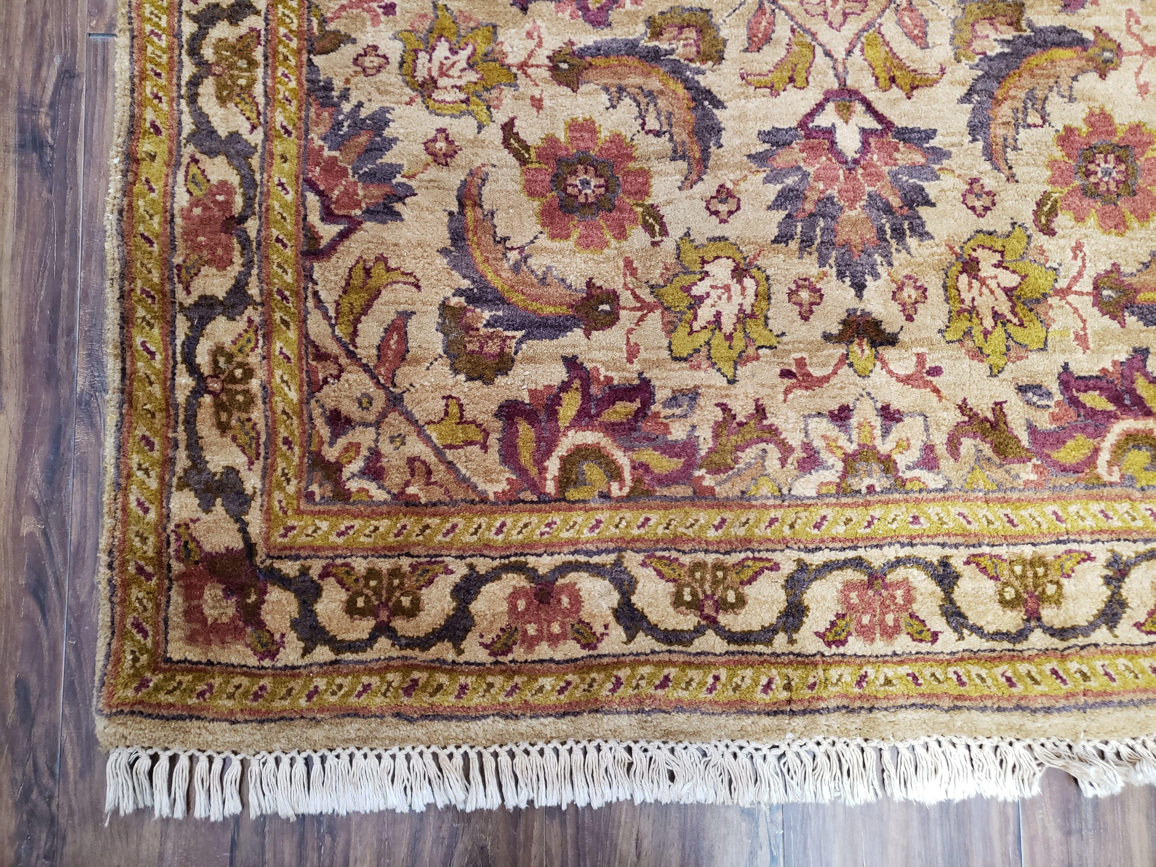 Indian Runner Rug 4x10, Handmade Hand Knotted Wool Oriental Runner Rug 4 x 10 Wide Runner, Vintage Corridor Hallway Runner, Tan Gold Floral - Jewel Rugs