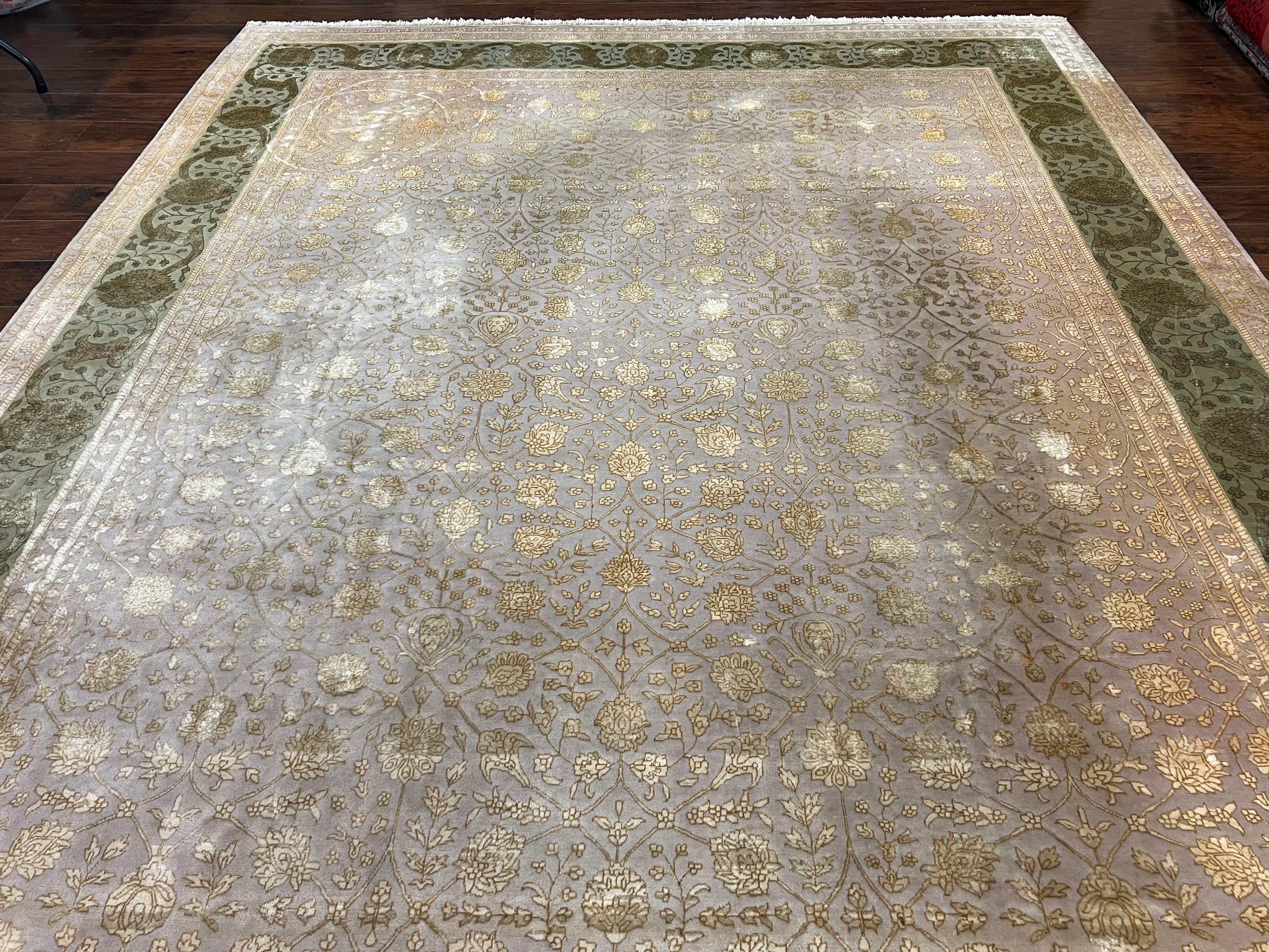 Modern Safavieh Tibetan Rug 10x14, Wool & Silk Accents, Fine Contemporary Floral Carpet, Handmade Hand Knotted Nepali Rug, Gray Gold Green - Jewel Rugs