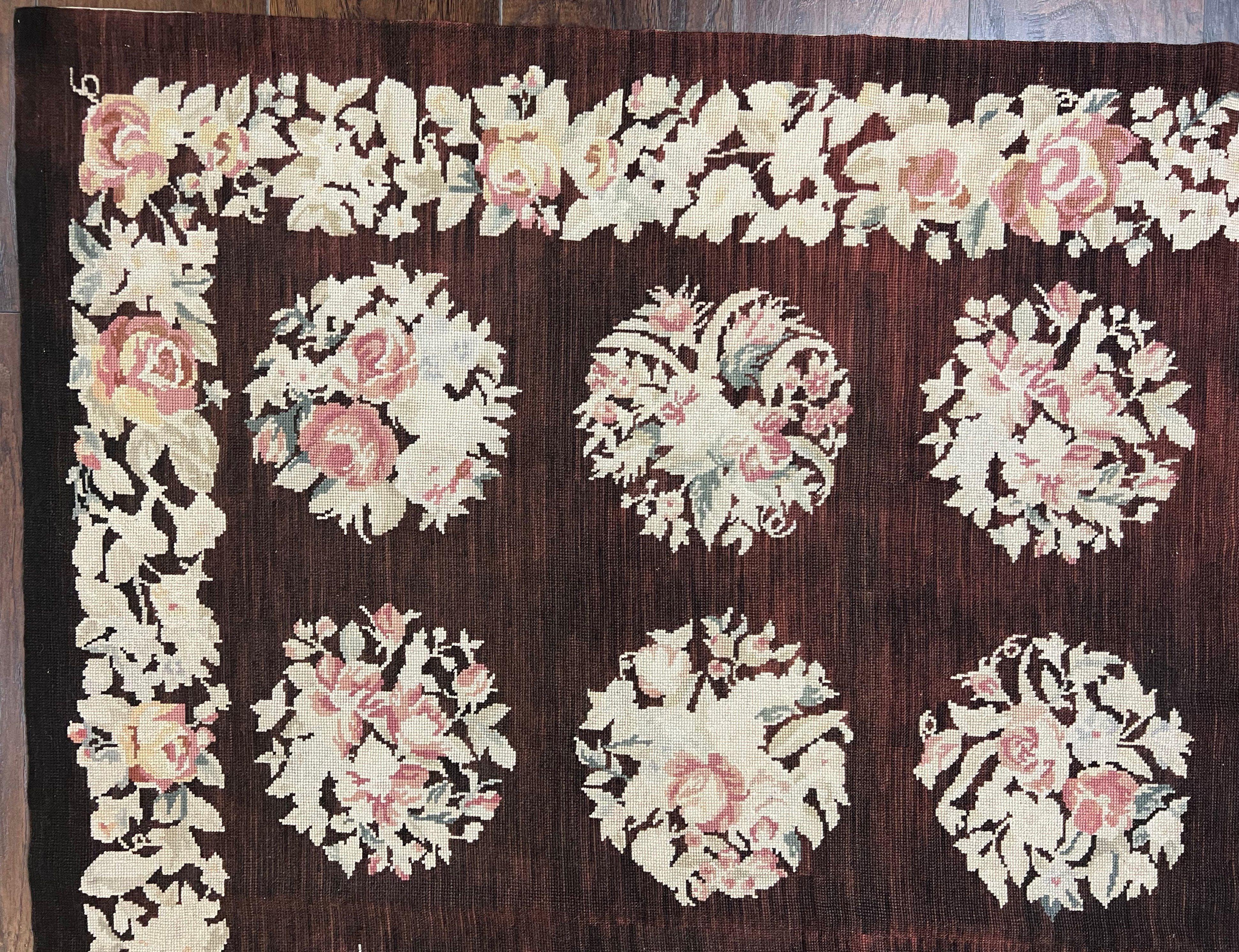 Floral Needlepoint Rug 5x7, Repeated Floral Motifs, Eggplant Color, Handmade Wool Vintage Needlepoint Area Rug 5 x 7 ft, Flatweave Rug - Jewel Rugs