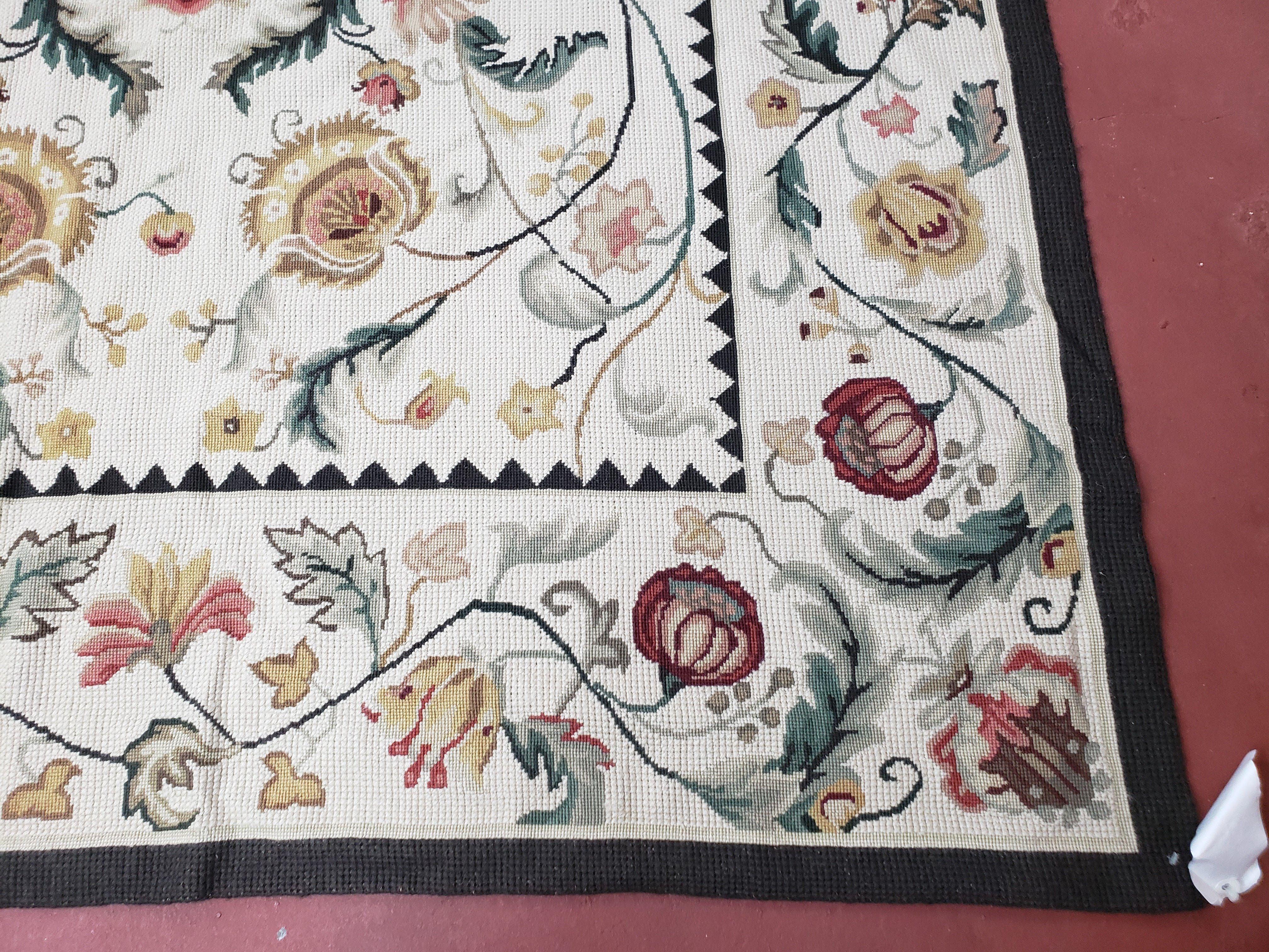 New Needlepoint Rug 9x12, Hand Woven Wool Area Rug, Flatweave Carpet, Handmade Chinese Needlepoint, Floral European Design, Ivory Background - Jewel Rugs