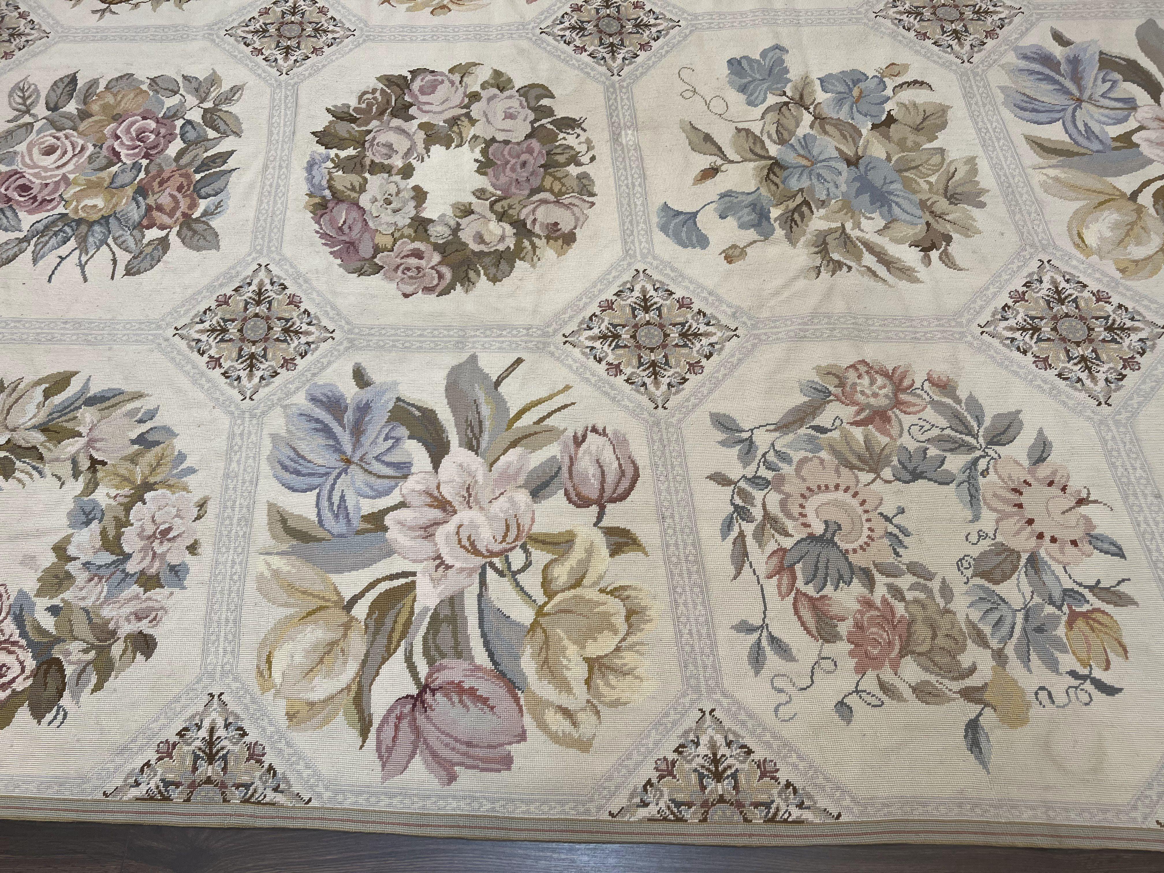 Vintage Needlepoint Rug 8x11, Floral Panel Design, Flatweave Handmade Needlepoint Carpet 8 x 11, Room Size Wool Needlepoint Rug, Cream Color - Jewel Rugs