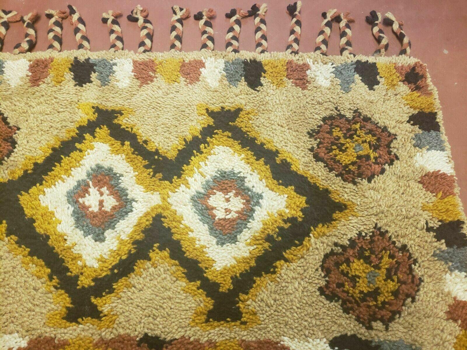 Portuguese Rya Style Shag Rug Moroccan Design, 4x6 Vintage Colorful Geometric Rug, Handmade Wool Gold Tan, Soft Pile Rug - Jewel Rugs