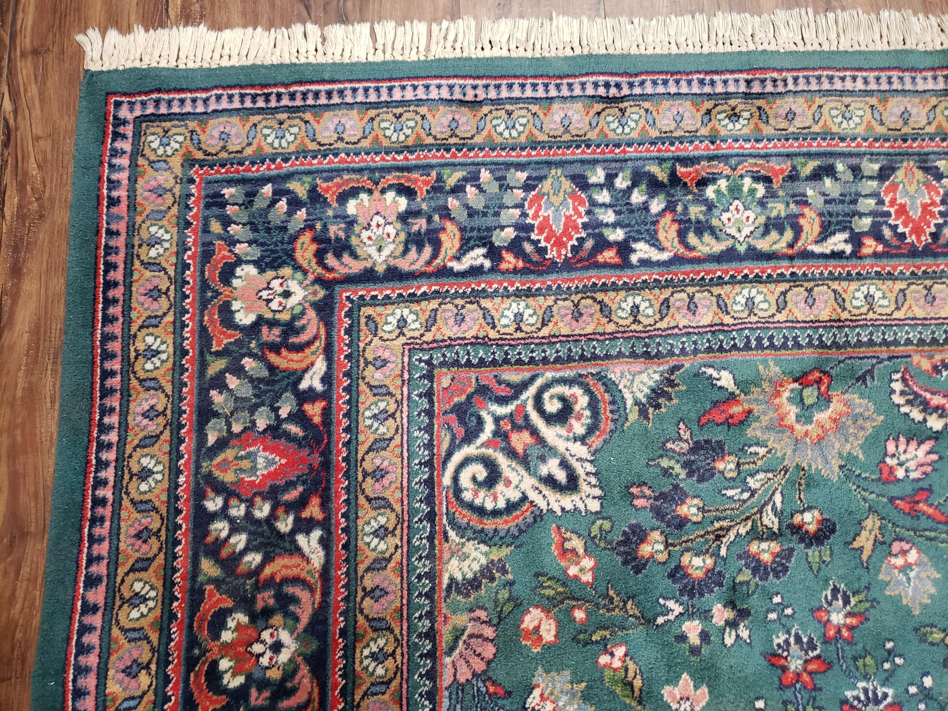 Vintage Traditional Oriental Rug, Pine Green & Midnight Blue Carpet, Louis de Poortere, 8x11 Belgium Power-Loomed Rug, Allover Floral Design - Jewel Rugs
