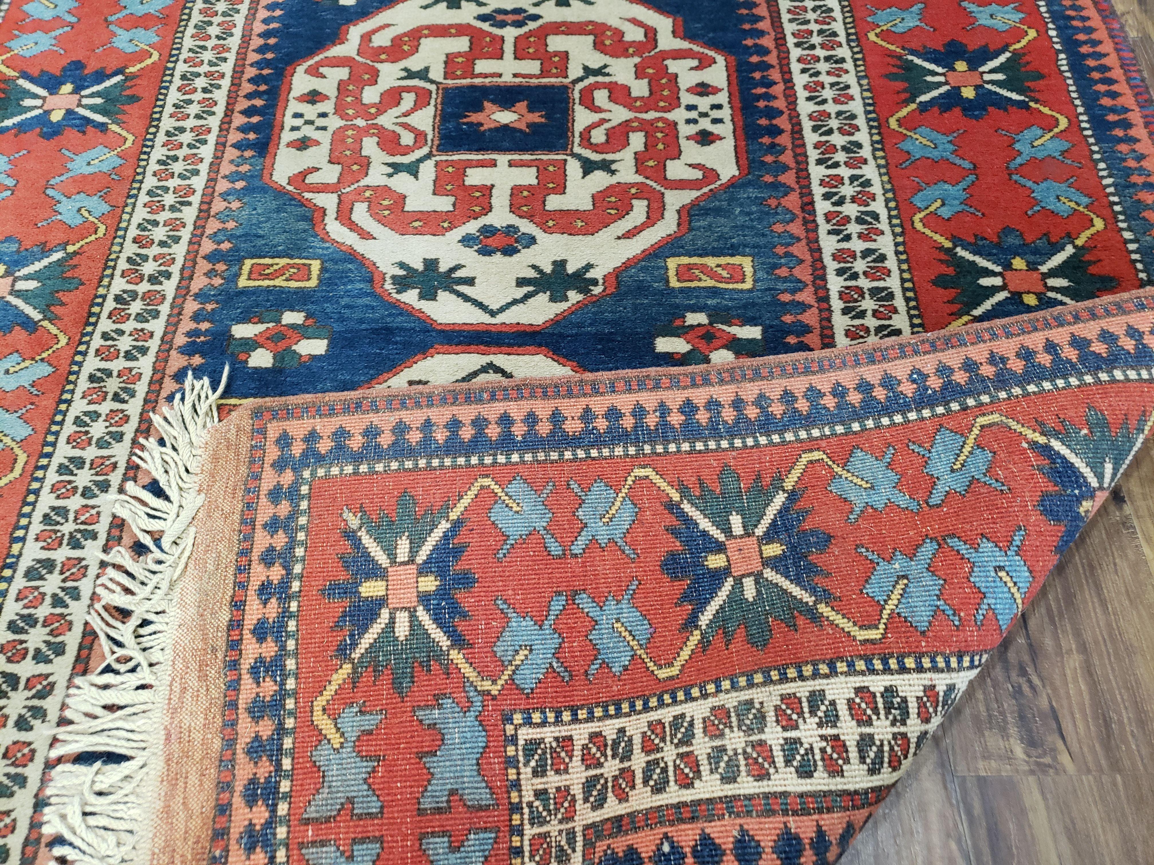 Turkish Kazak Rug 5x6 Vintage Handmade Wool Carpet Geometric Blue Red - Jewel Rugs