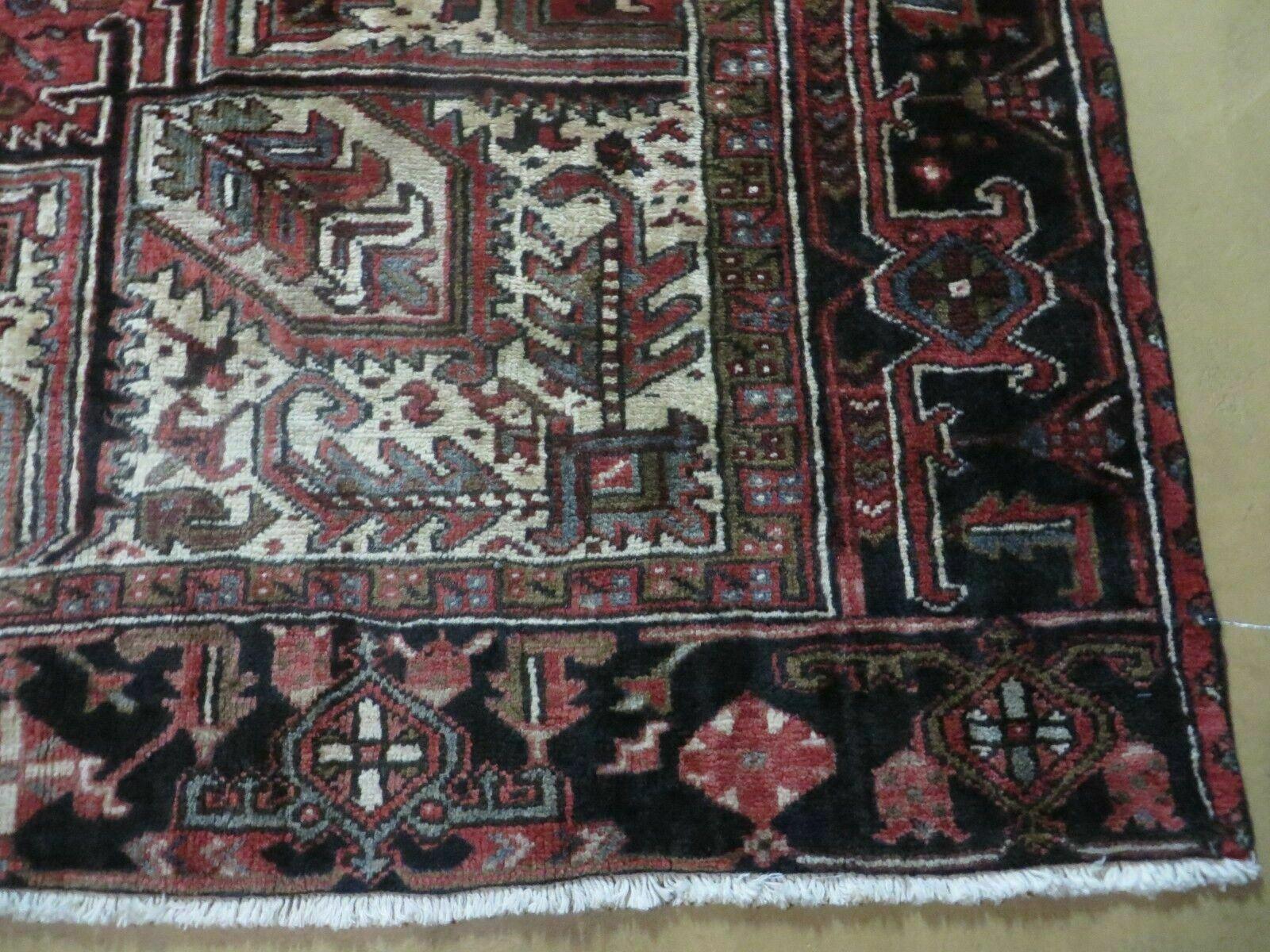 Persian Heriz Rug 8x12 Semi Antique Heriz Carpet, Room Sized Persian Carpet, Geometric Medallion, Wool, Hand Knotted, Red Ivory Dark Blue - Jewel Rugs