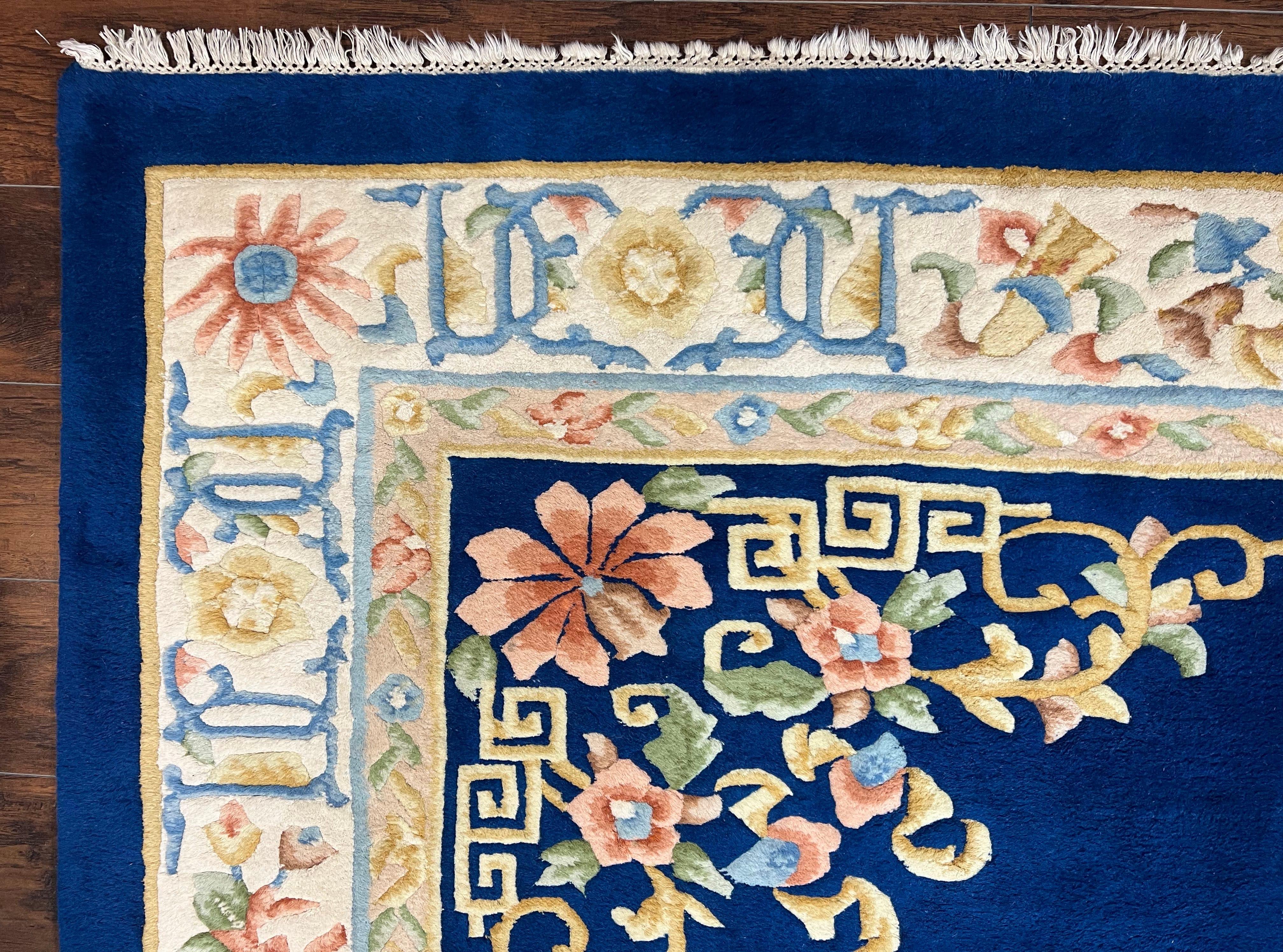 Indo Chinese Wool Rug 10x14, Navy Blue and Beige Hand Knotted Large Asian Oriental Carpet 10 x 14, Handmade Art Deco Vintage Floral Rug - Jewel Rugs