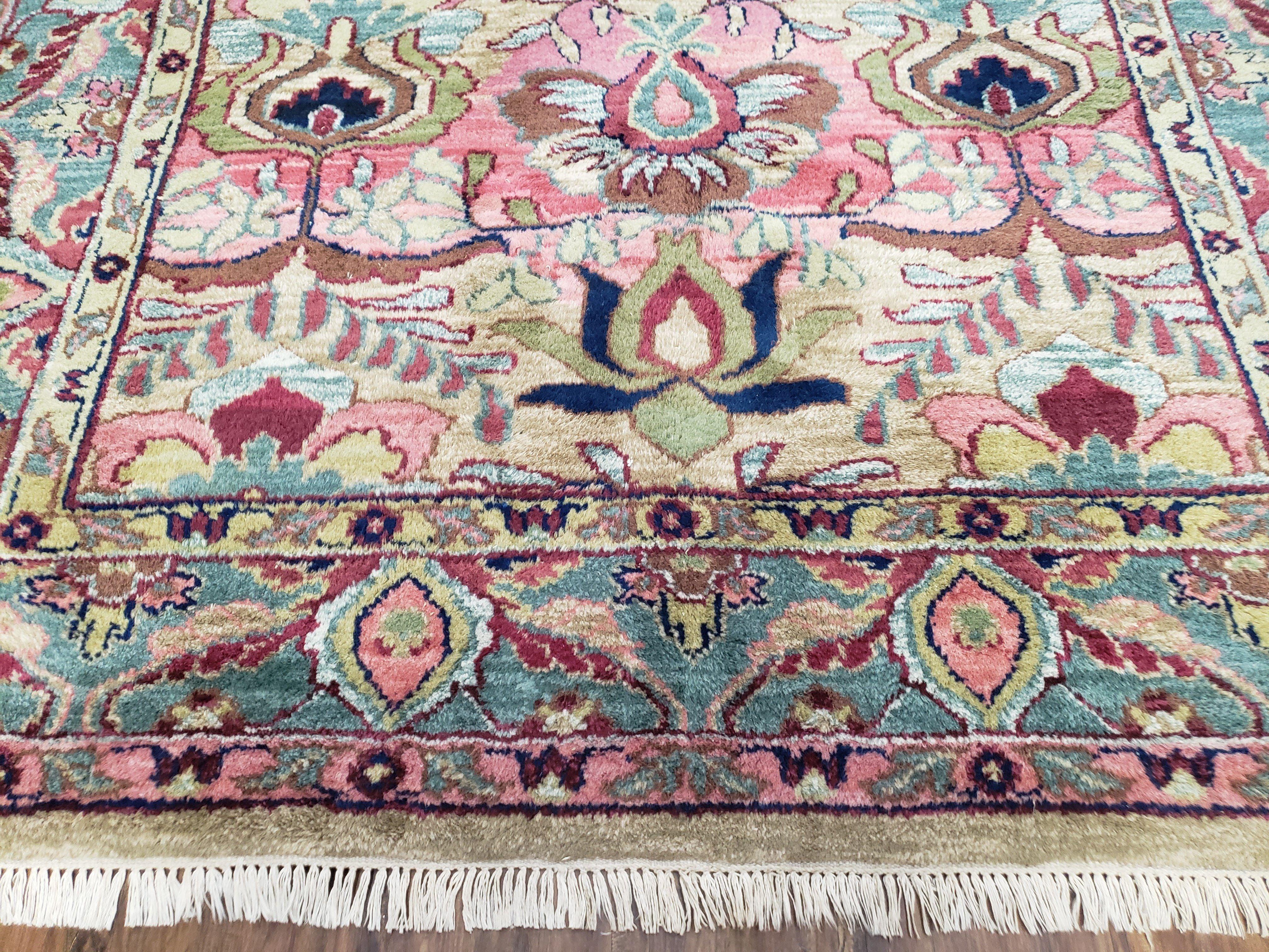 Indo Persian Rug, 6x9 Rug, Medium Sized Handmade Area Rug, Pink and Teal Oriental Carpet, Indian Rug, Vintage Rug, Hand Knotted Rug, Unique - Jewel Rugs