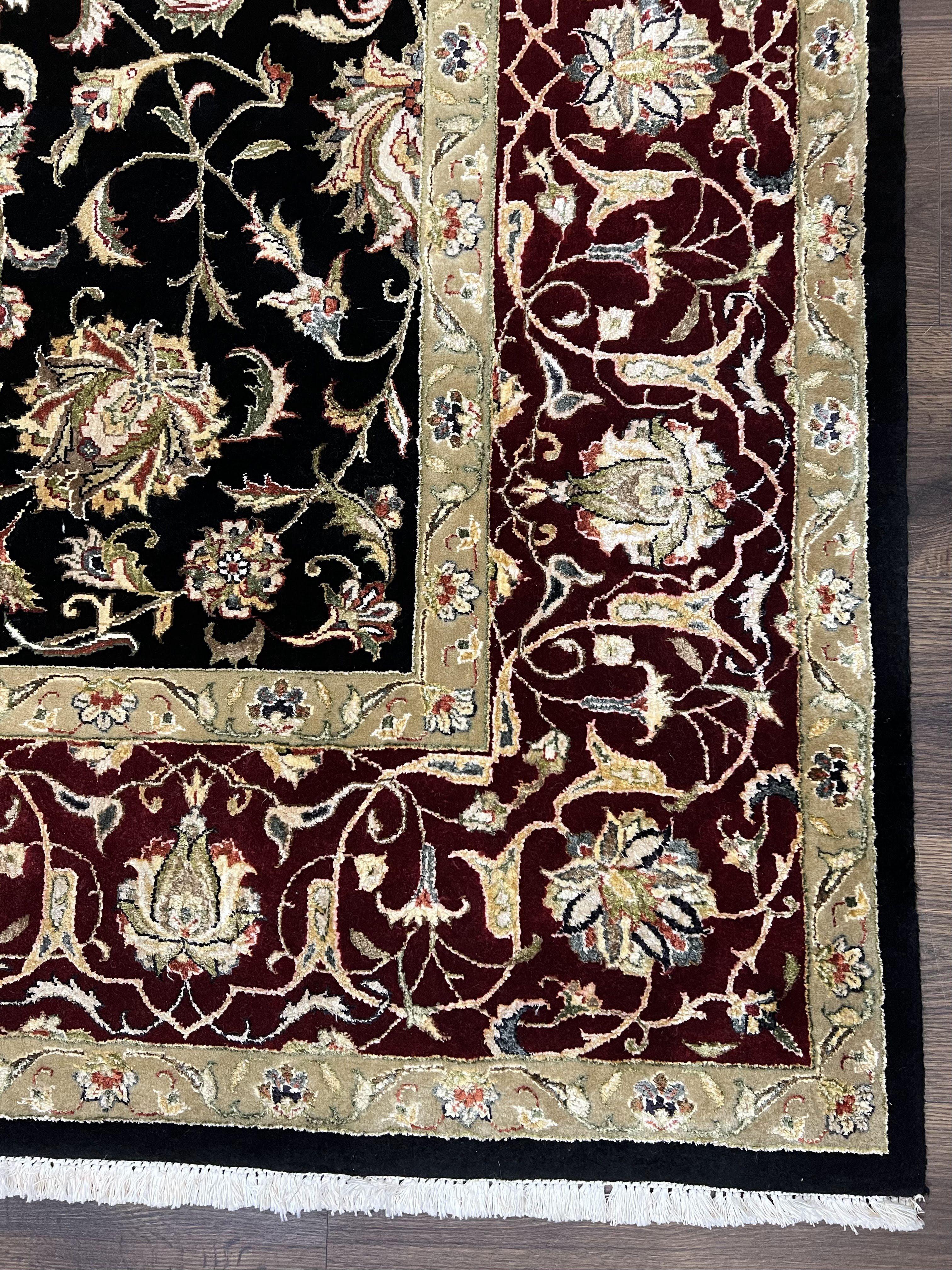 Indo Persian Rug 8x10, Black and Maroon Floral Allover Wool and Silk Oriental Carpet 8 x 10 ft, Hand Knotted Traditional Vintage Room Sized - Jewel Rugs