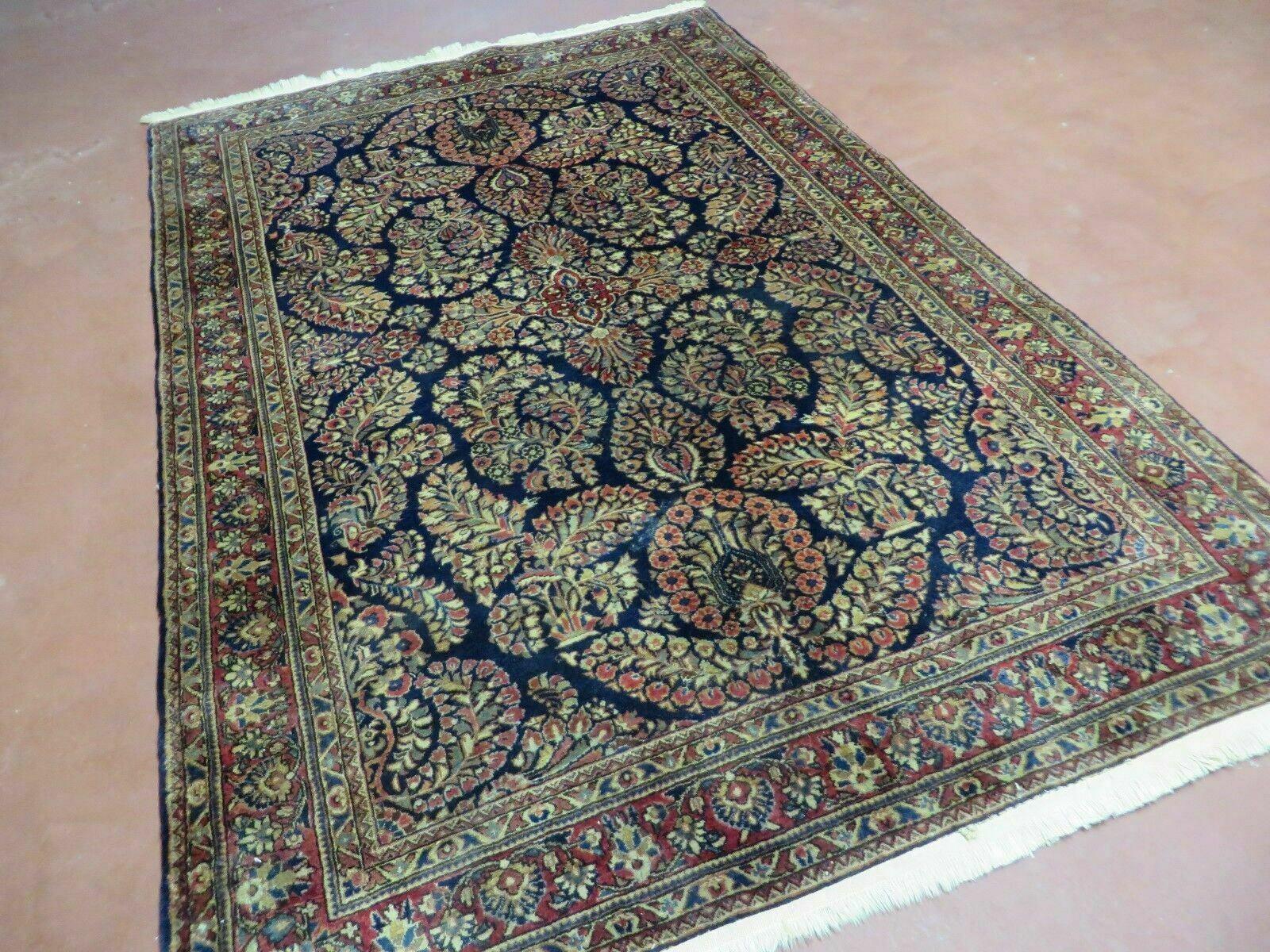 Antique Persian Sarouk Rug 4x6, Hand Knotted 1920s Oriental Carpet 4 x 6 ft, Navy Blue and Red Wool Rug, Handmade Floral Allover Persian Area Rug - Jewel Rugs