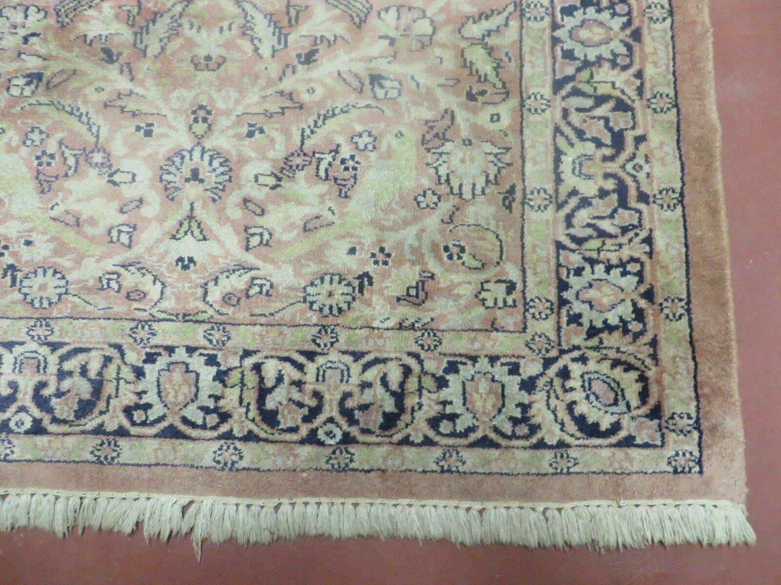 Indian Silk Rug 4x6, Indian Kashmiri Silk Carpet 4 x 6 ft, Vintage Hand Knotted Floral Bird Motifs, Light Pink and Navy Blue, Silk on Cotton - Jewel Rugs