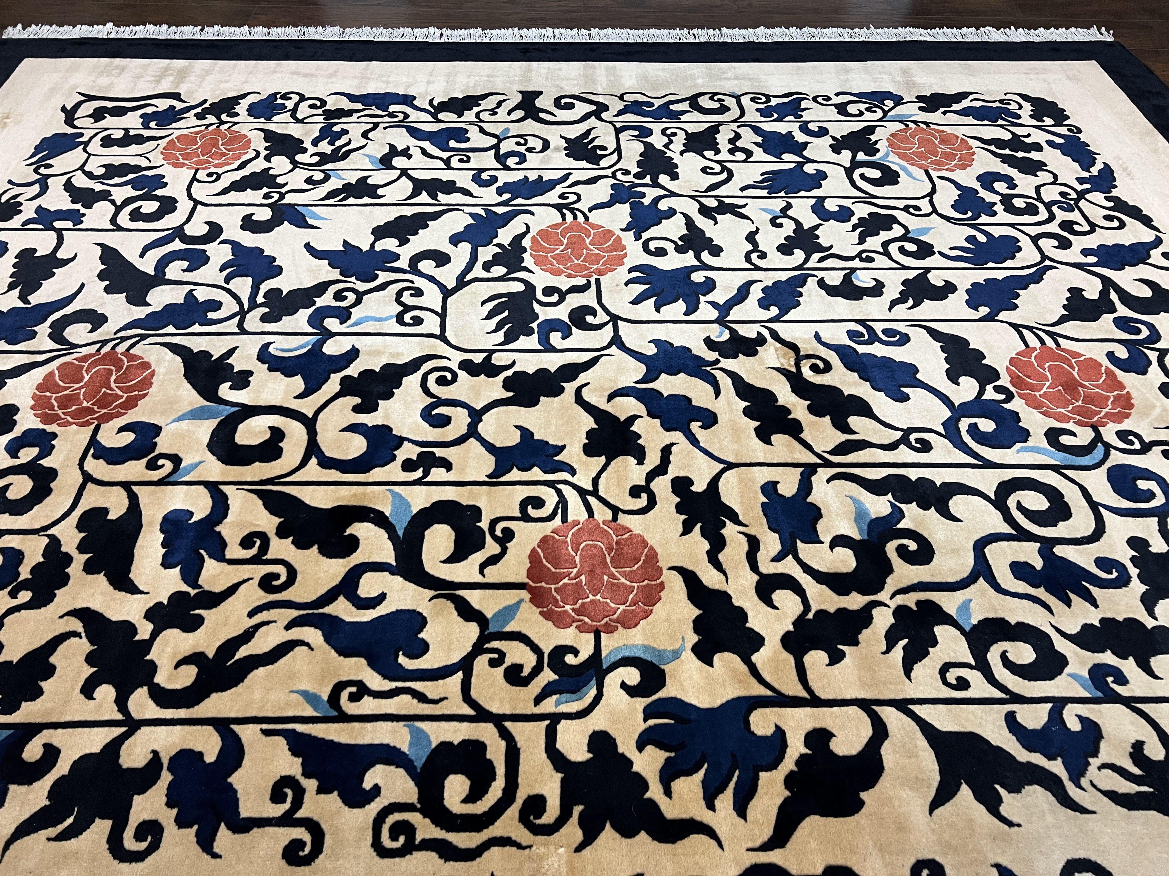 Antique Chinese Peking Rug 10x14, Beige Black, Handmade Wool Art Deco Carpet - Jewel Rugs