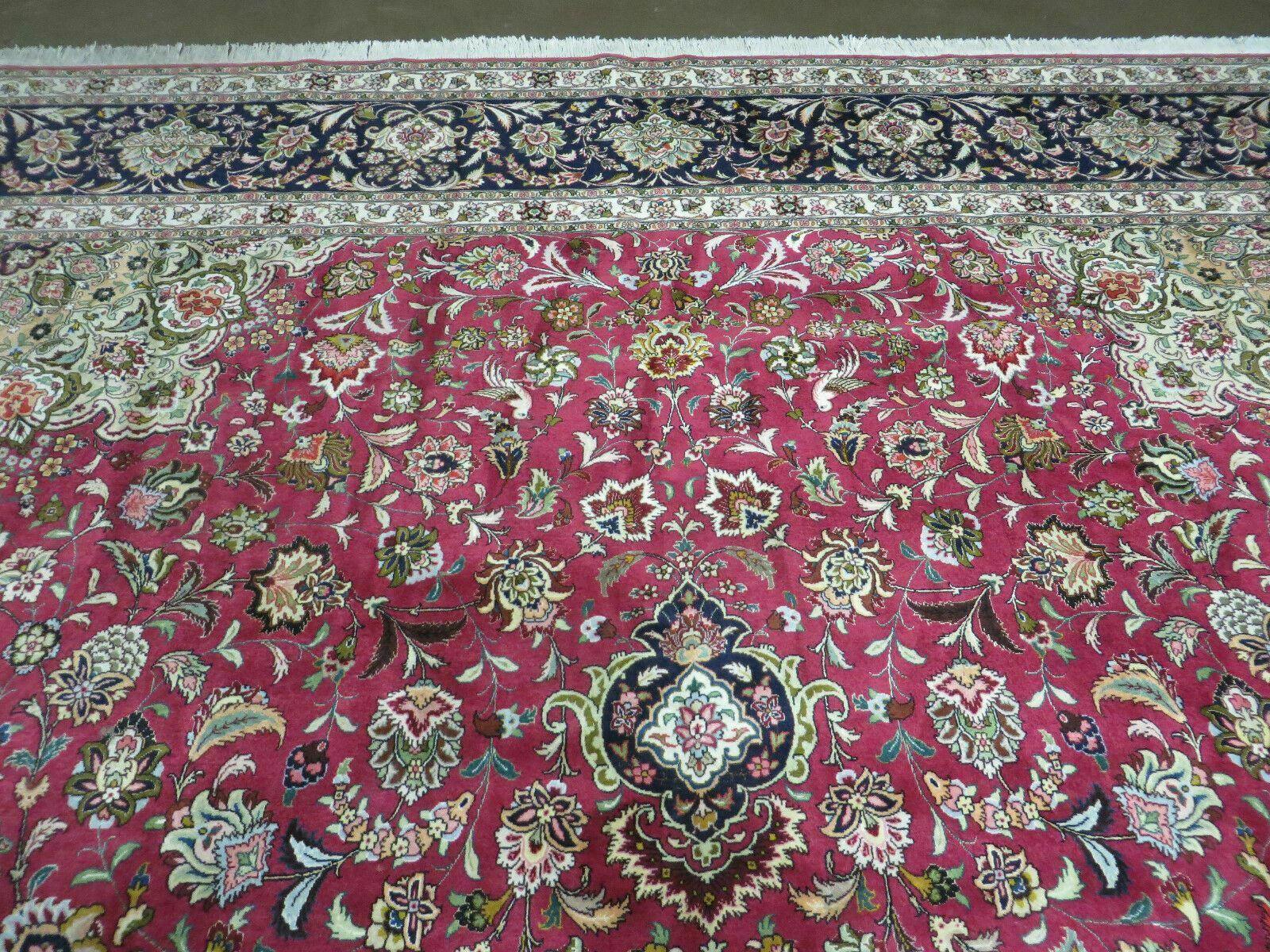 Persian Tabriz Rug 10x14 Oriental Carpet 10 x 14 Wool and Silk Top Quality Fine, Central Medallion Floral Allover, Red, Birds, Hand Knotted Vintage - Jewel Rugs