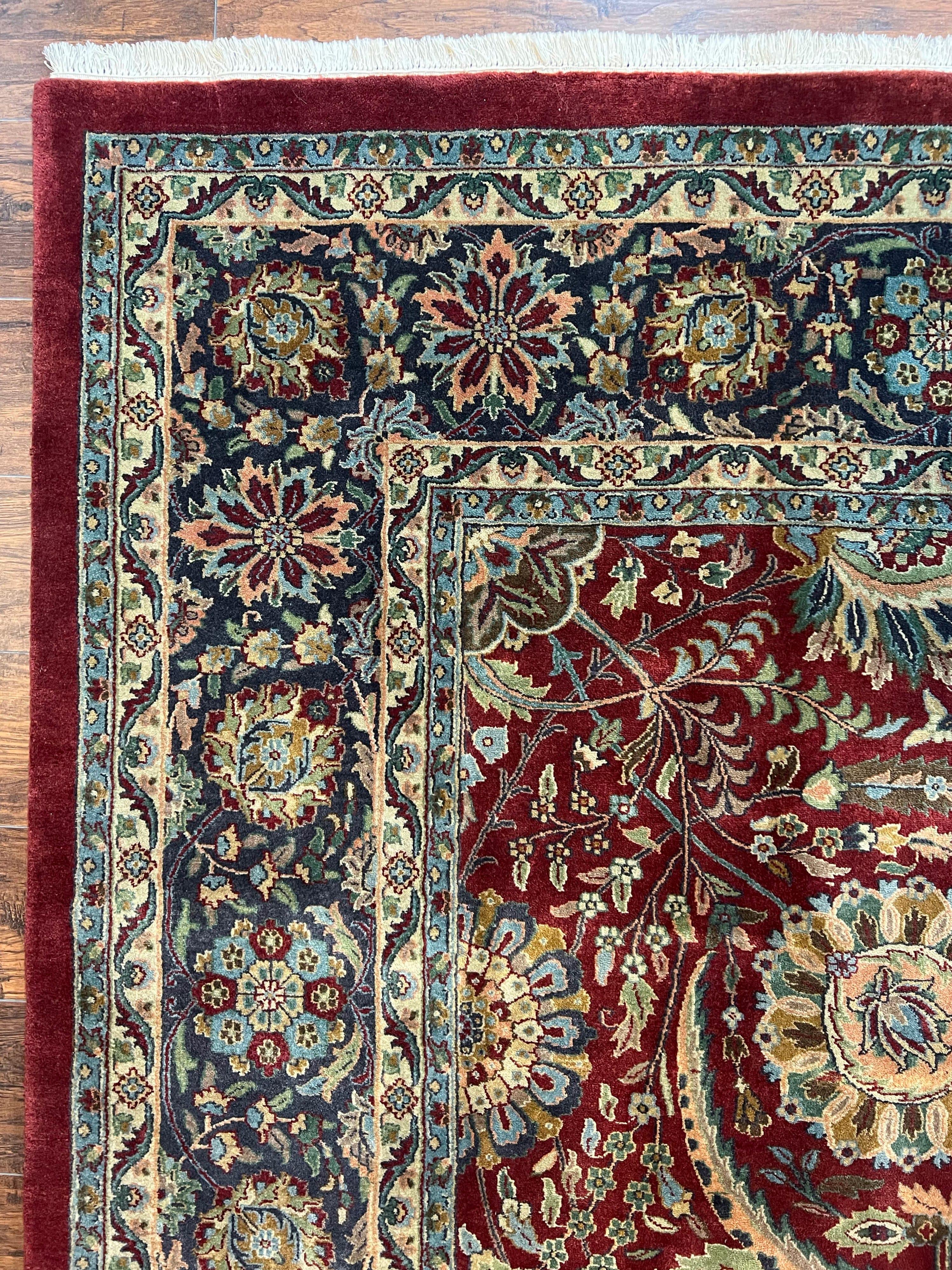 Large Indian Agra Rug 10x13, Maroon Midnight Blue Tan Hand Knotted Wool Oriental Carpet 10 x 13 ft, Floral Allover, Vintage Traditional Rug - Jewel Rugs