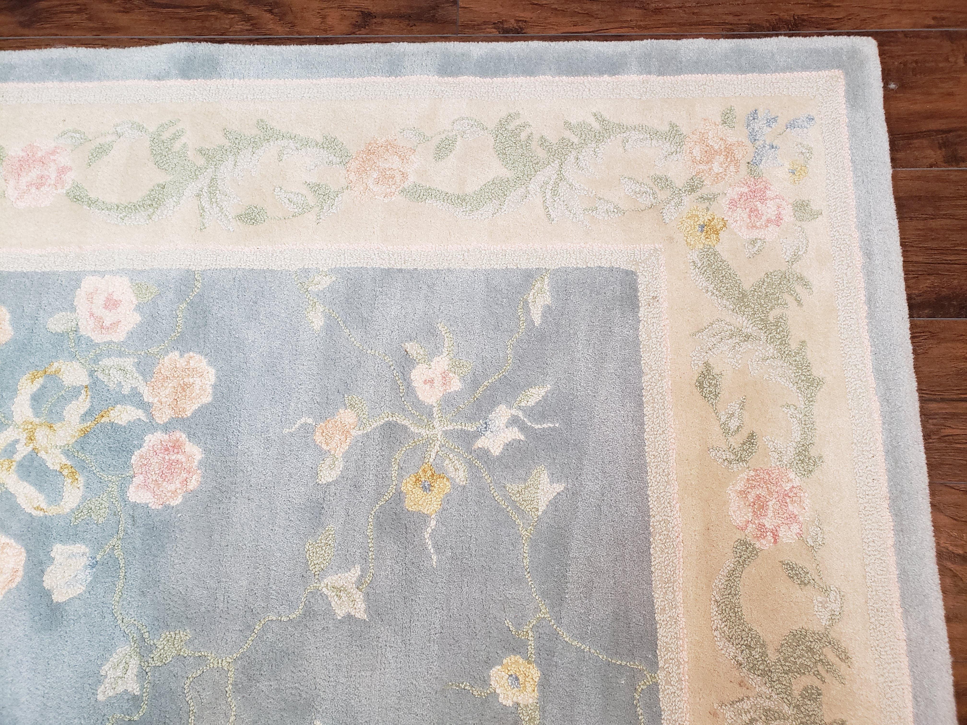 Vintage Edward Fields Room Size Area Rug 10x15, Wool Hand Tufted Light Blue Cream Floral American Carpet, 10 x 15 Large Living Room Rug - Jewel Rugs