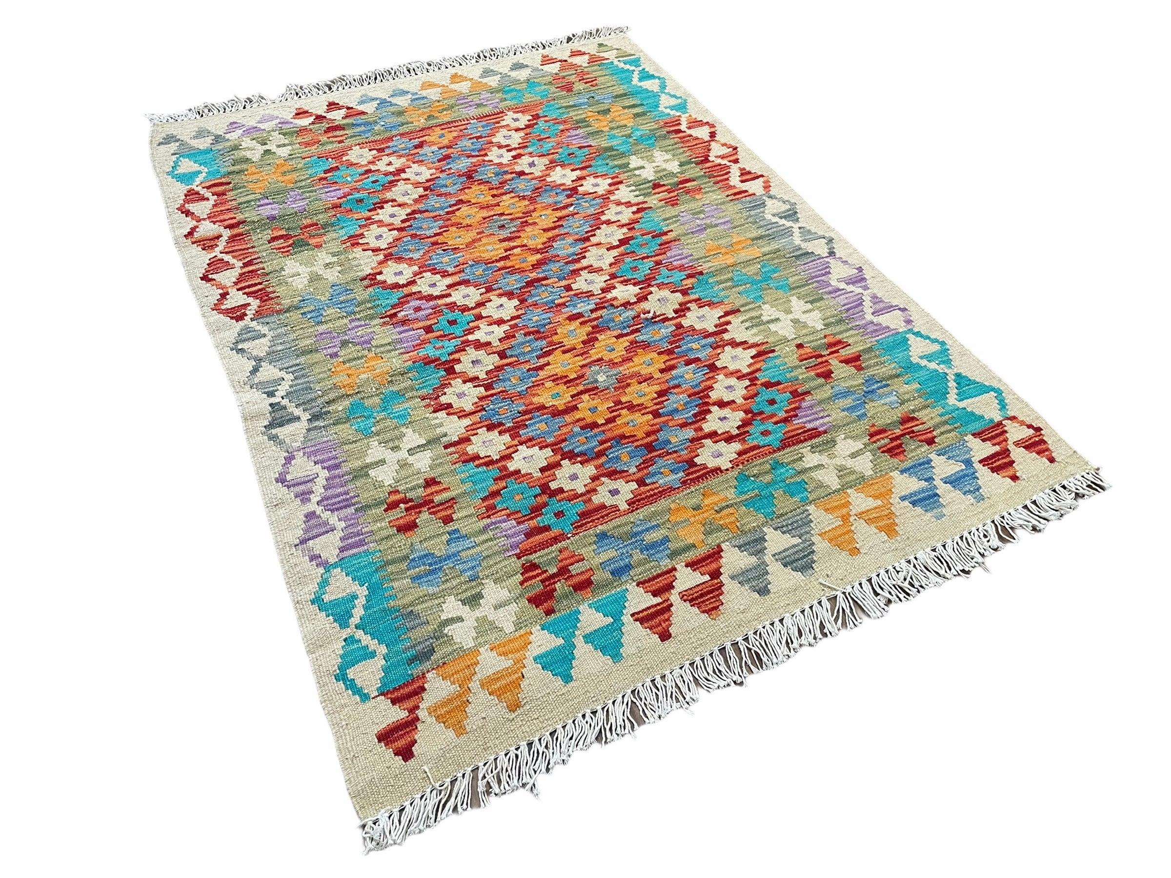 3x4 Colorful Kilim Rug 4 x 3 Multicolor Turkish Chobi Kilim Rug Small Flatweave Wool Playroom Rug New Tribal Kilim Rug - Jewel Rugs