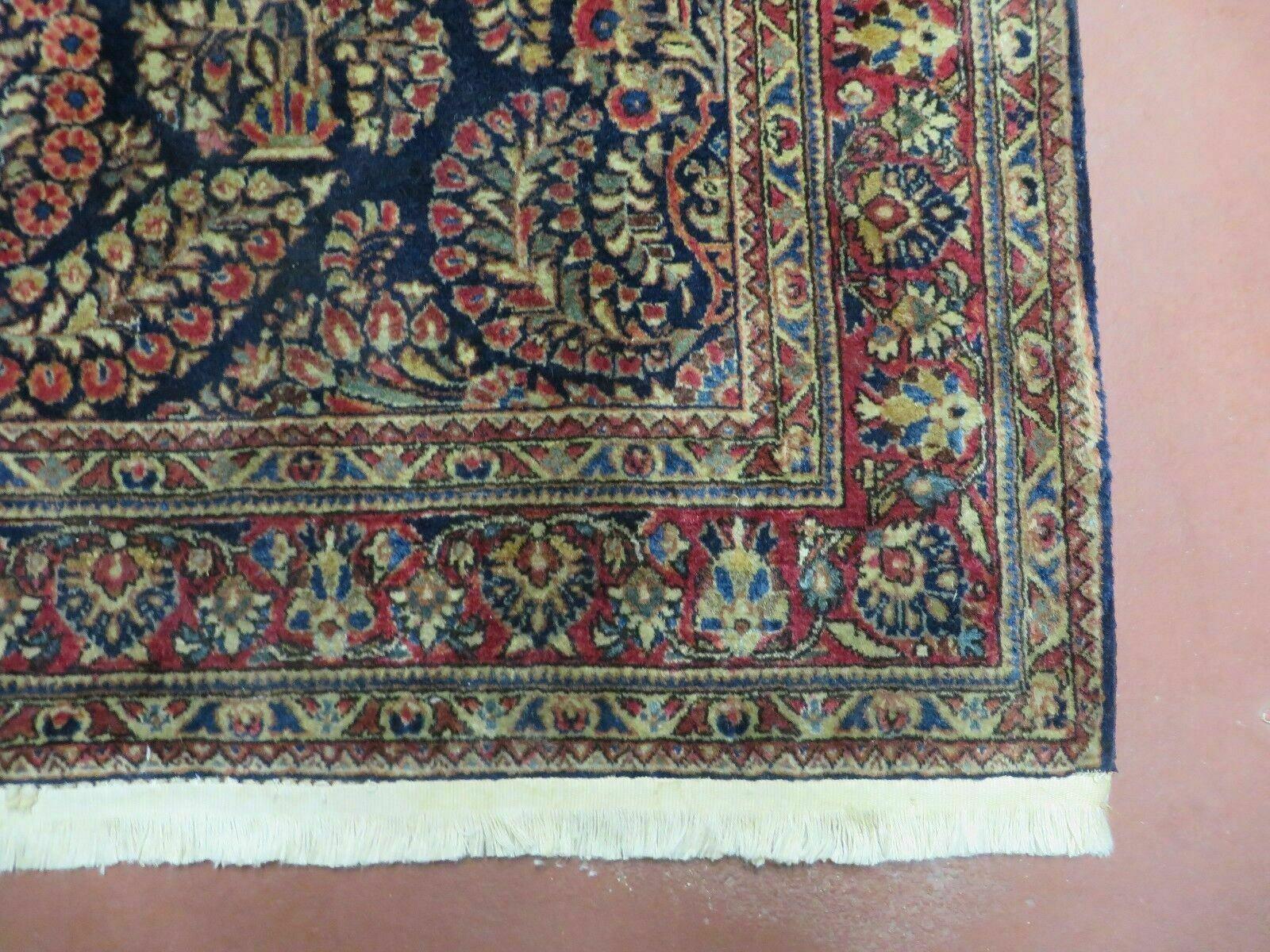 Antique Persian Sarouk Rug 4x6, Hand Knotted 1920s Oriental Carpet 4 x 6 ft, Navy Blue and Red Wool Rug, Handmade Floral Allover Persian Area Rug - Jewel Rugs