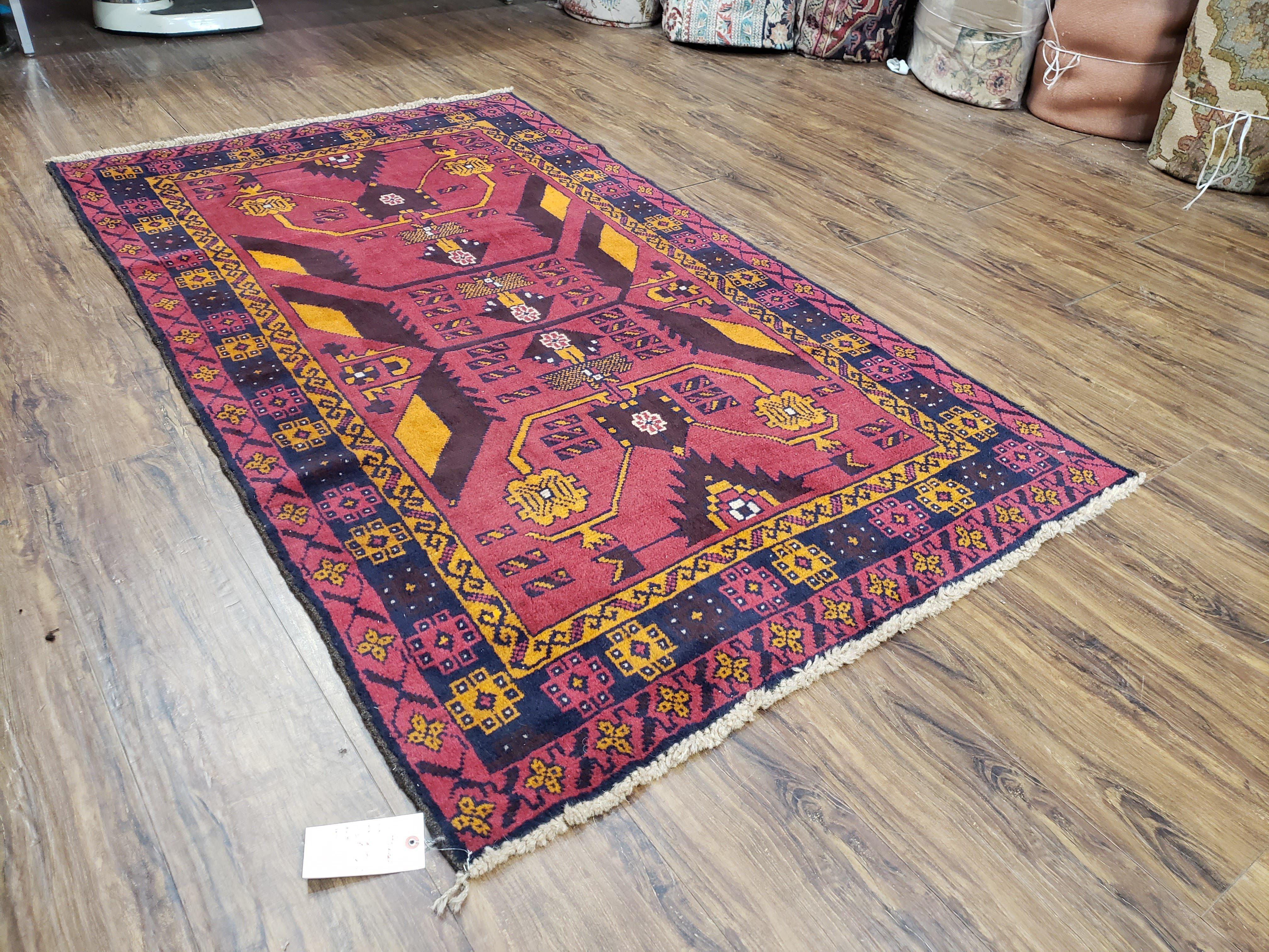 Vintage Balouchi Rug 3.8 x 6.4 ft, Small Baluch Carpet, Hand-Knotted Vivid Colors, Wool Nomadic Tribal Rug, Bohomenian Area Rug, Red Blue - Jewel Rugs