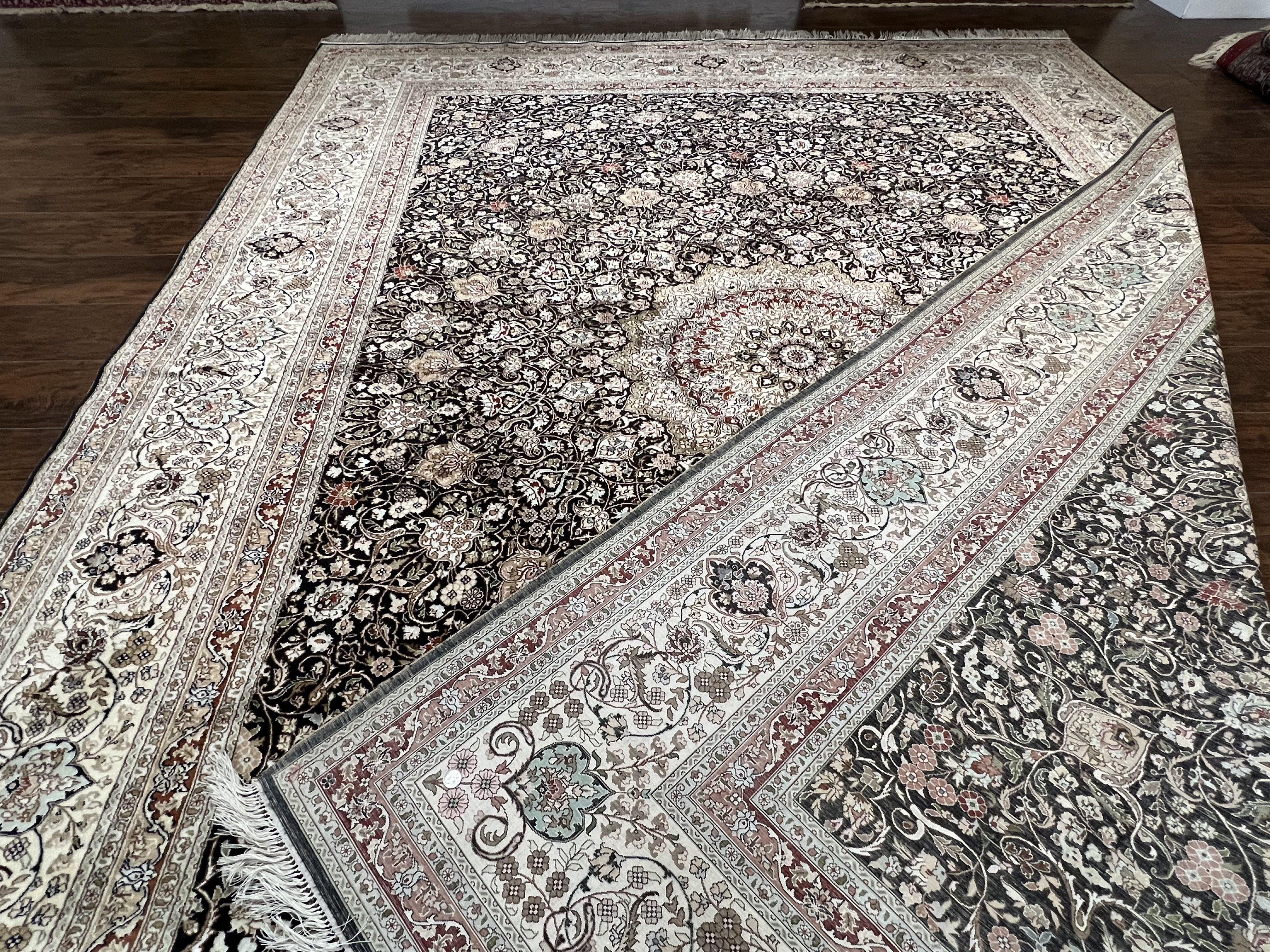 Top Quality Silk Sino Persian Rug 9x12, Highly Detailed Persian Carpet, Center Medallion Floral Allover Black and Ivory/Cream Room Sized Wow - Jewel Rugs