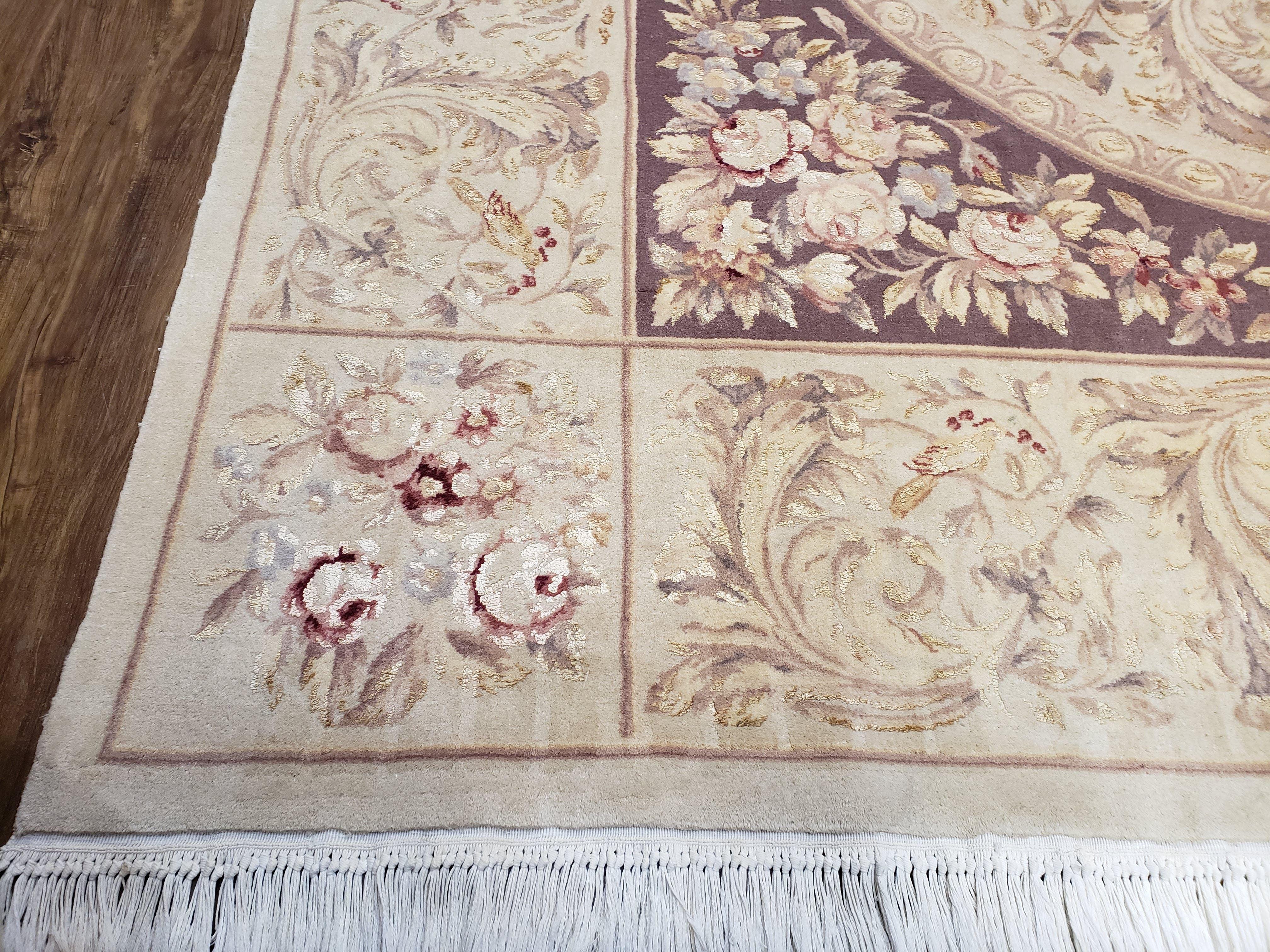 Chinese Aubusson Savonnerie Area Rug 8x12, Vintage 120 Line Carpet, Wool and Silk Hand-Knotted, Birds Flowers Master Weaver Signature - Jewel Rugs