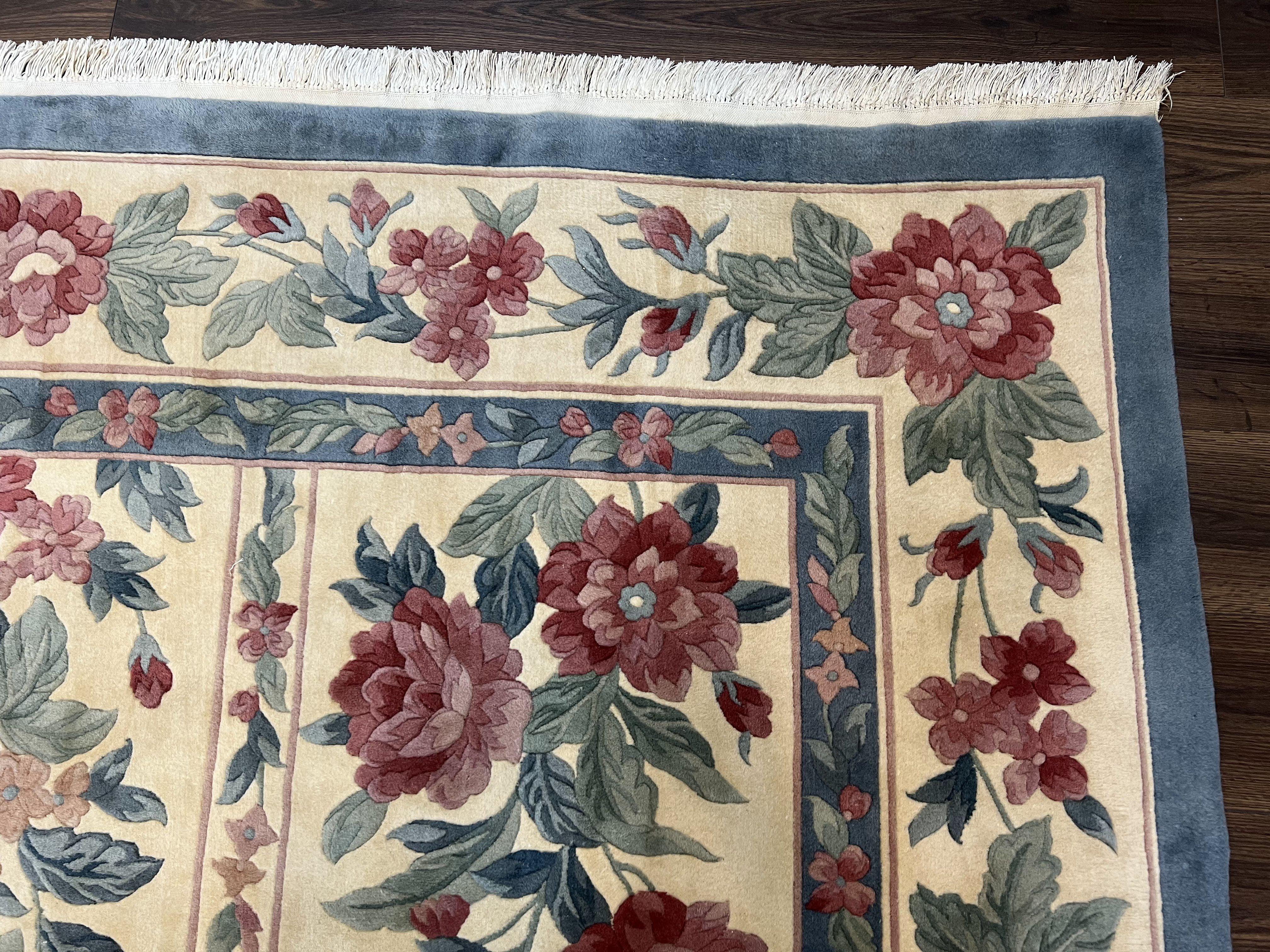 Chinese Wool Rug 8x11, Vintage 1960s Carpet, Cream and Teal, Floral Garden Panel, 8 x 11 ft Area Rug, Soft Handmade Room Sized 120 Line Rug - Jewel Rugs