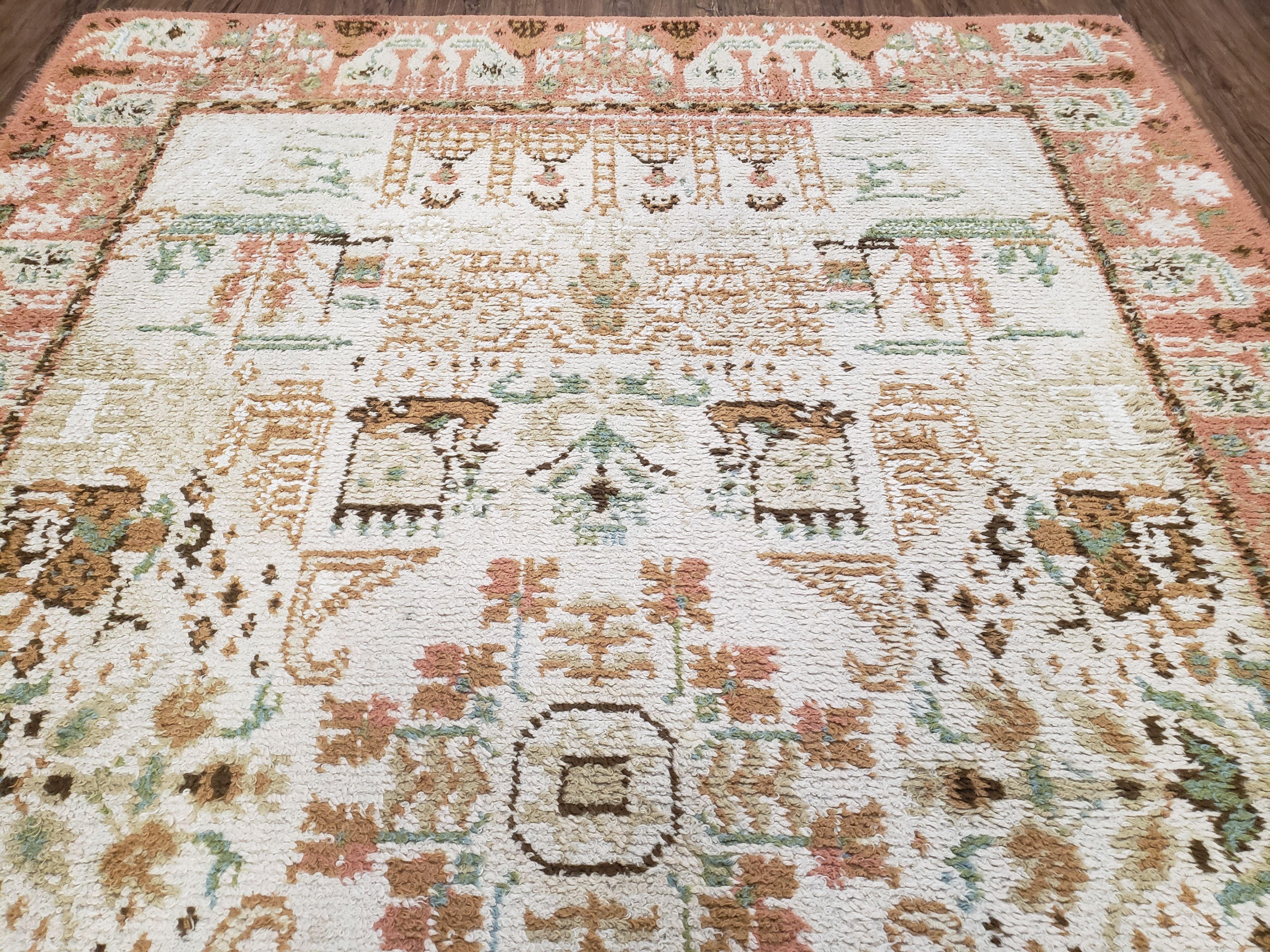 Vintage Scandinavian Area Rug, Rya Shag Rug, Wool, Beige & Carribbean Coral, Scandinavian Folk Art Rug, Human Motifs, Boats, Vikings, 6x9 - Jewel Rugs