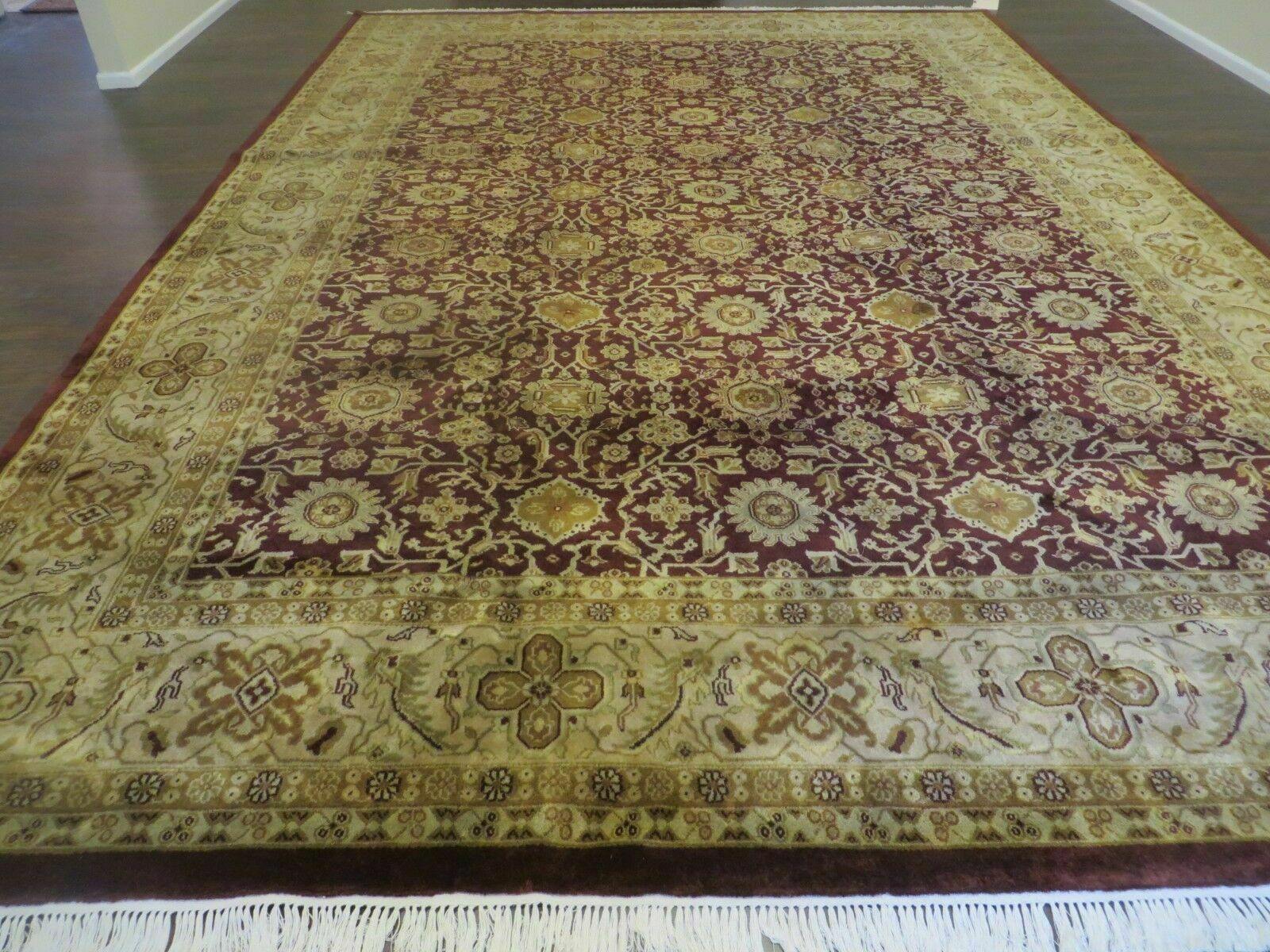 Indian Agra Rug 10x14 Vintage Handmade Larastan Wool Carpet Maroon Floral - Jewel Rugs