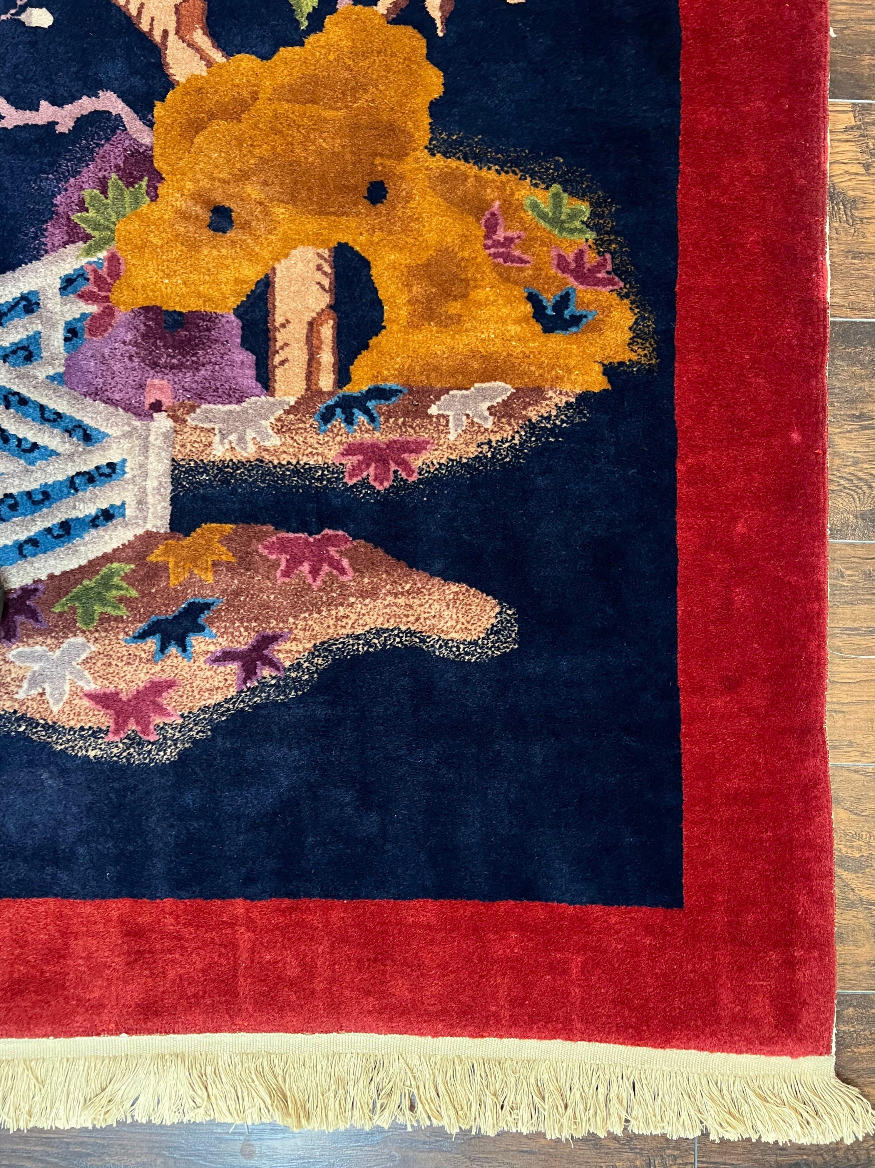 Chinese Art Deco Rug 8x10, Nichols Rug, Navy Blue and Red, Handmade Wool Carpet 8 x 10, Semi Antique Vintage Asian Oriental Rug, Butterflies - Jewel Rugs