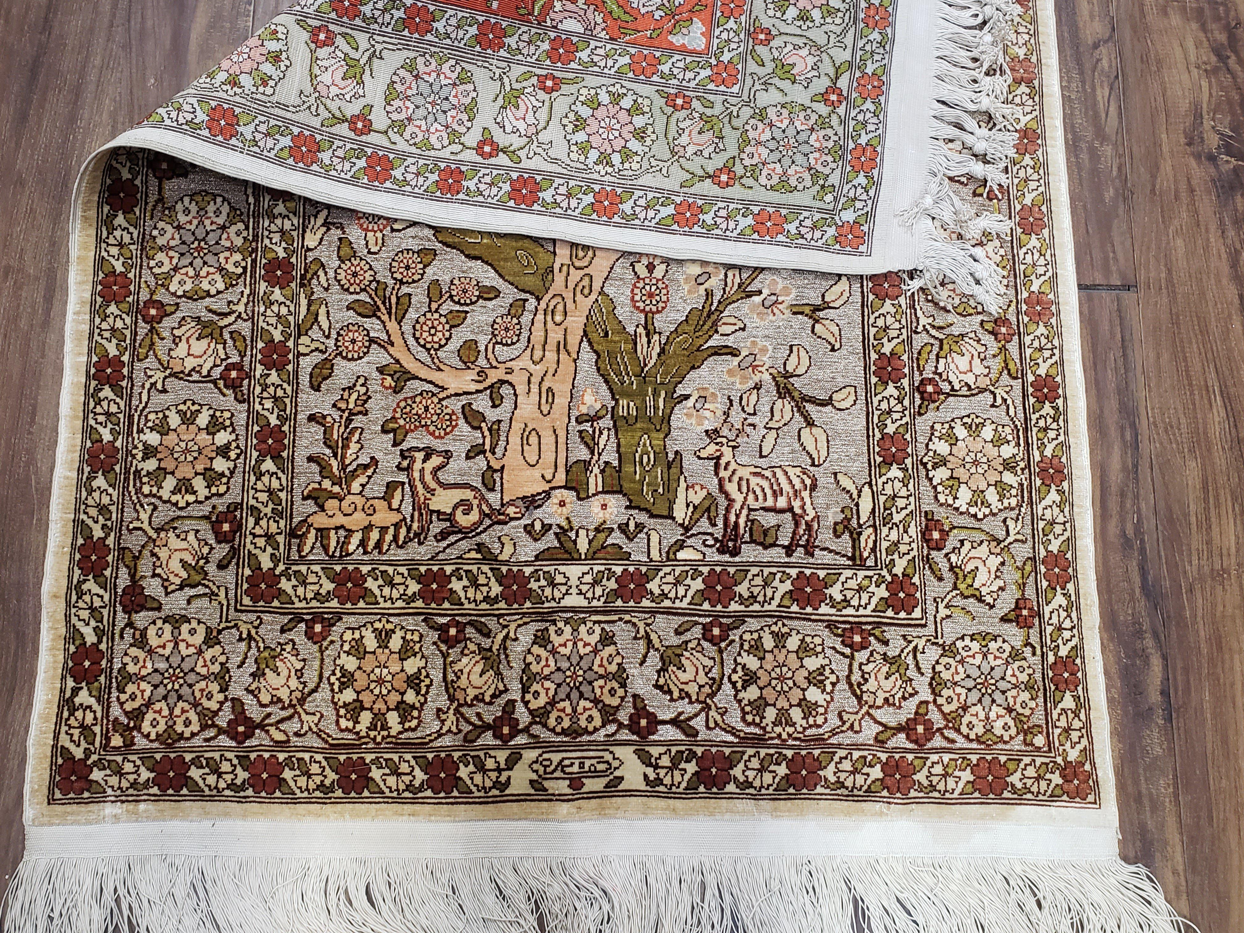Turkish Hereke Silk Rug with Gold Threads, 2x3 Silk and Gold Oriental Carpet Tree of Life with Animals Very Fine Antique Vintage Top Quality - Jewel Rugs