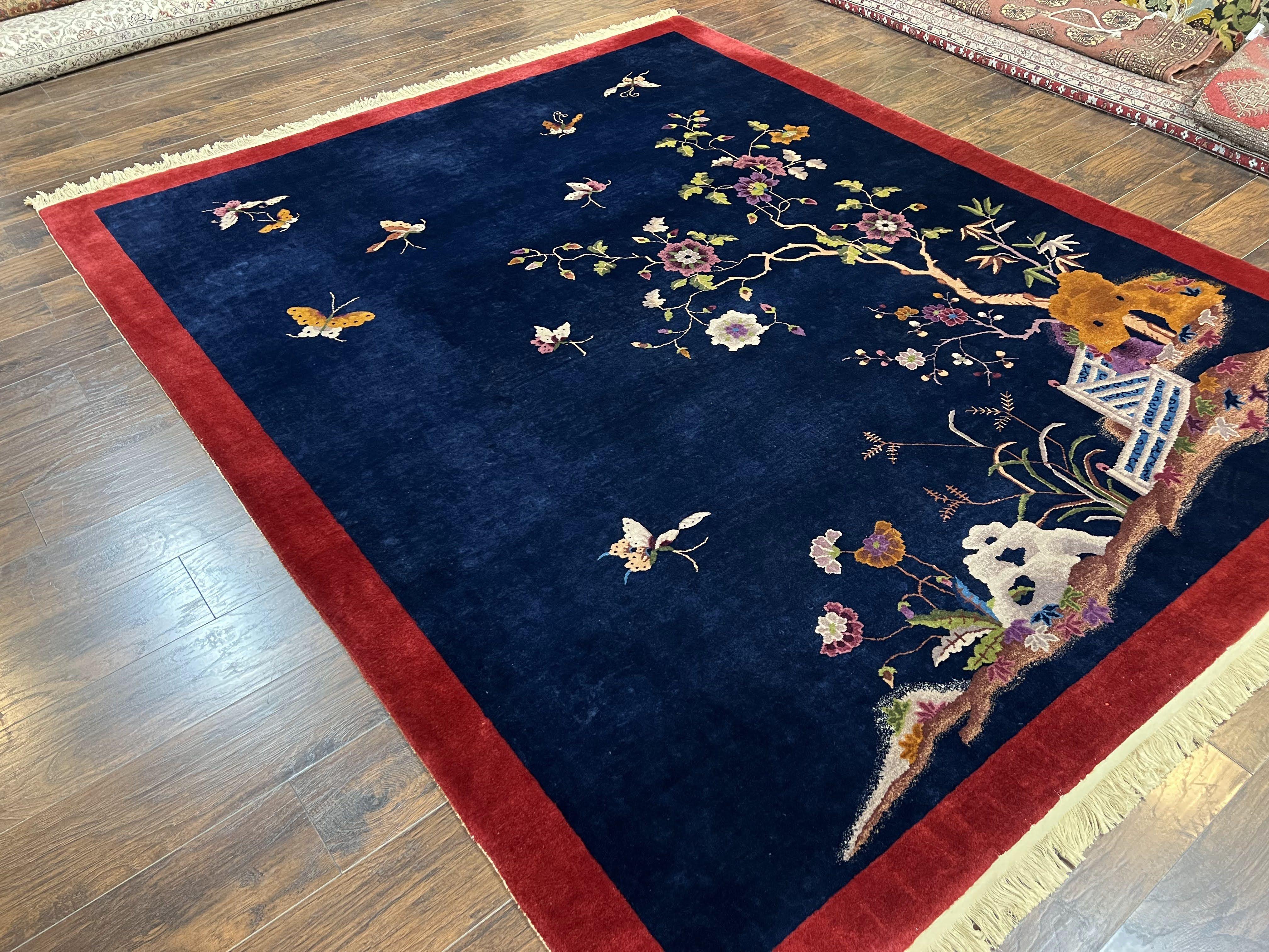 Chinese Art Deco Rug 8x10, Nichols Rug, Navy Blue and Red, Handmade Wool Carpet 8 x 10, Semi Antique Vintage Asian Oriental Rug, Butterflies - Jewel Rugs