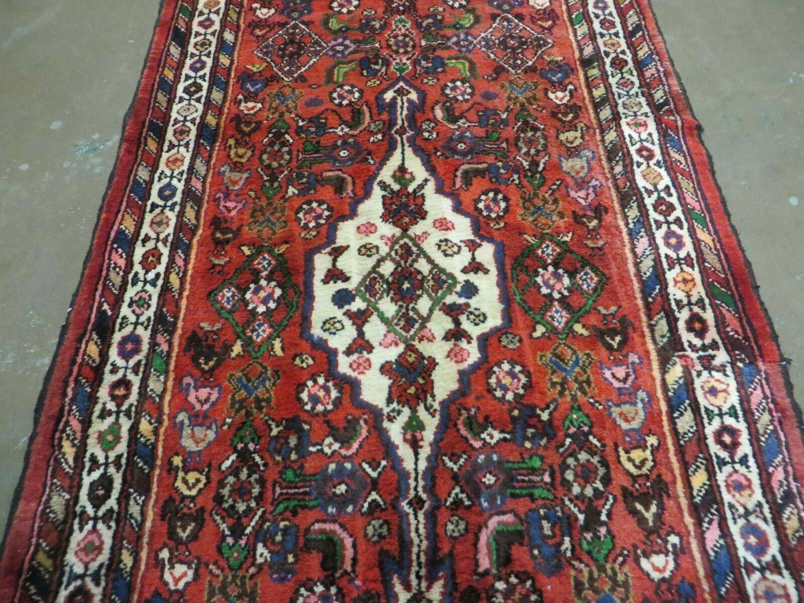 Persian Runner Rug, Antique Hamadan Runner Wool Tribal Runner, Handmade Oriental Rug, Medallion Allover Floral, Red Navy Blue Ivory, 3.4 x 7.9 ft - Jewel Rugs
