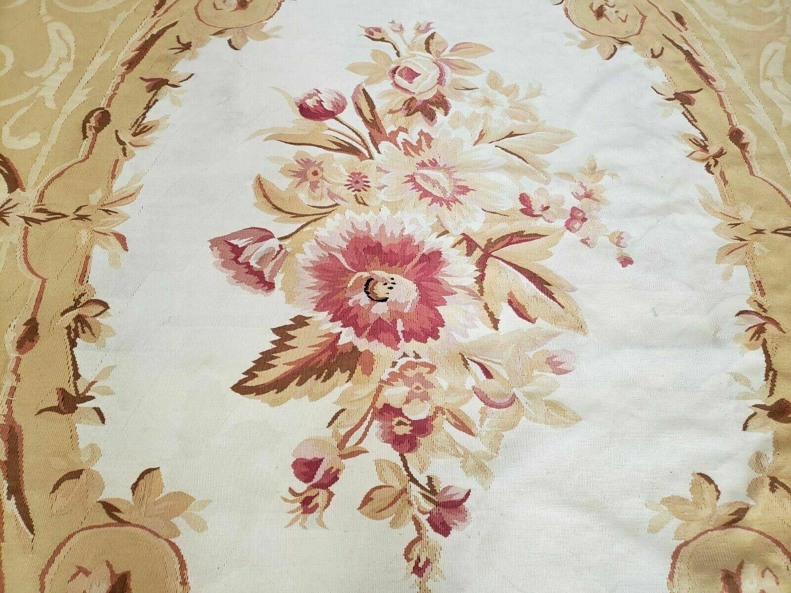 Aubusson Rug 10x13, Savonneire Carpet 10 x 13 ft, Handmade Vintage Flatweave Room Sized Wool Floral Aubusson, Cream/Tan Ivory Reds Pinks - Jewel Rugs