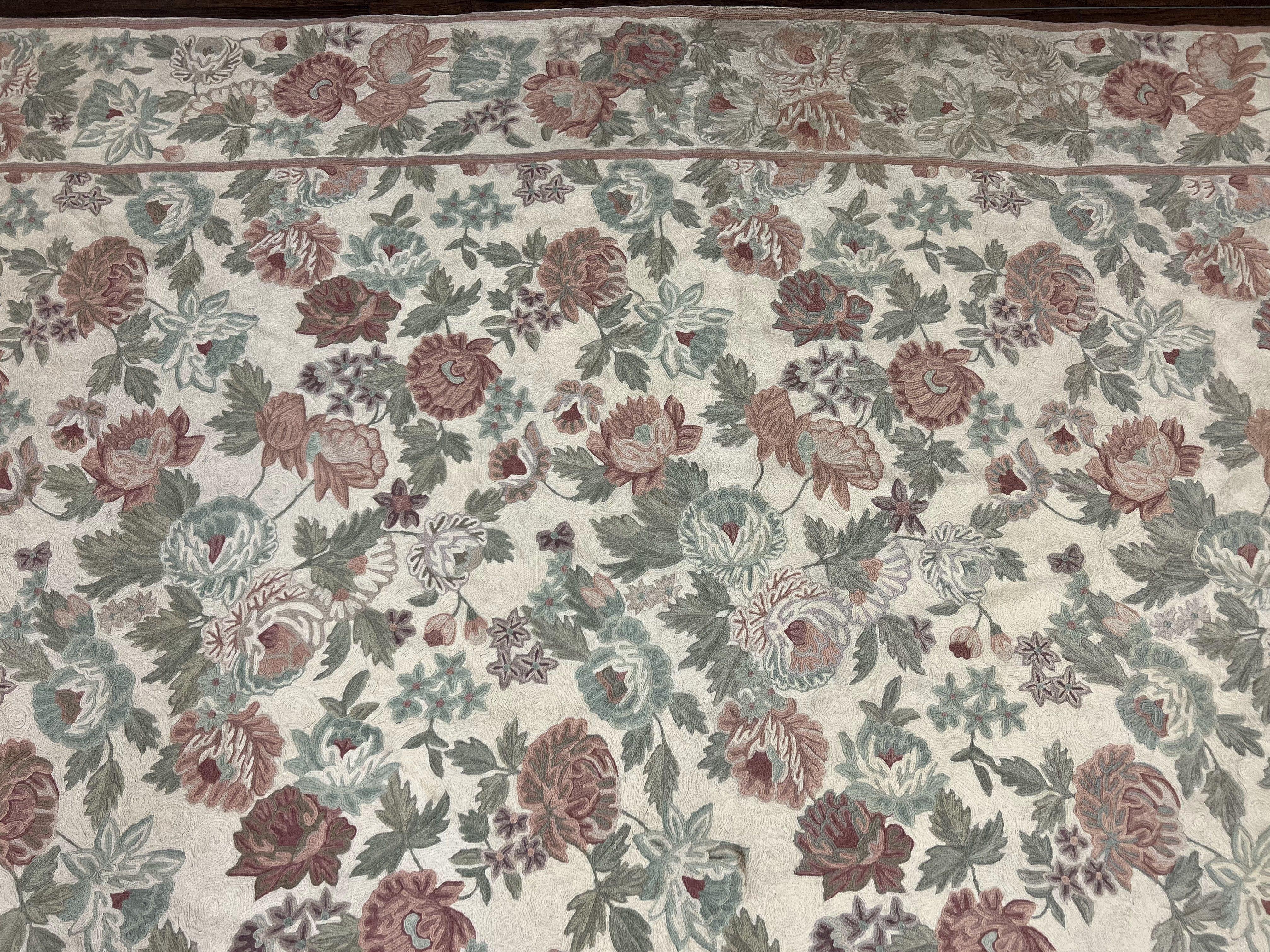 Indian Hand Stitched Rug 9x12 Florall Allover Vintage Wool Cream Rose Floral - Jewel Rugs