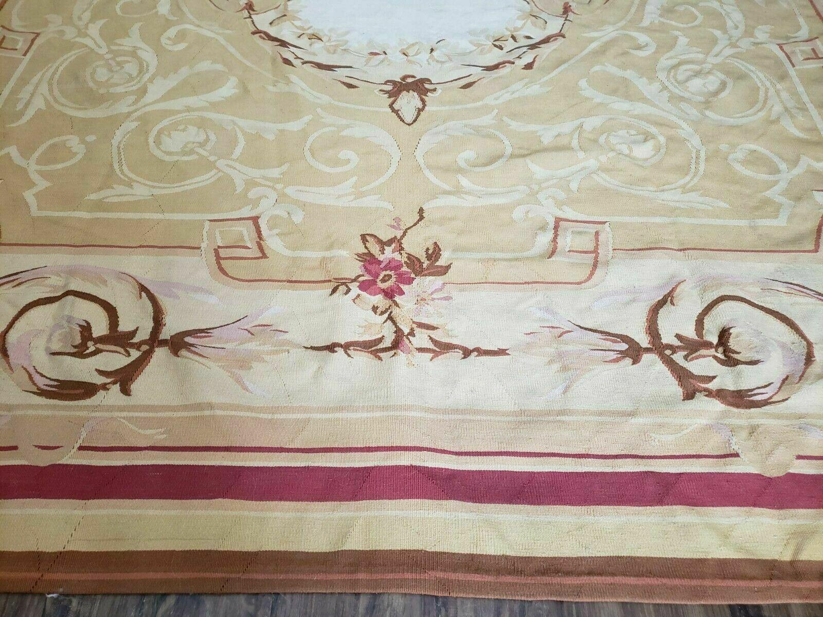 Aubusson Rug 10x13, Savonneire Carpet 10 x 13 ft, Handmade Vintage Flatweave Room Sized Wool Floral Aubusson, Cream/Tan Ivory Reds Pinks - Jewel Rugs