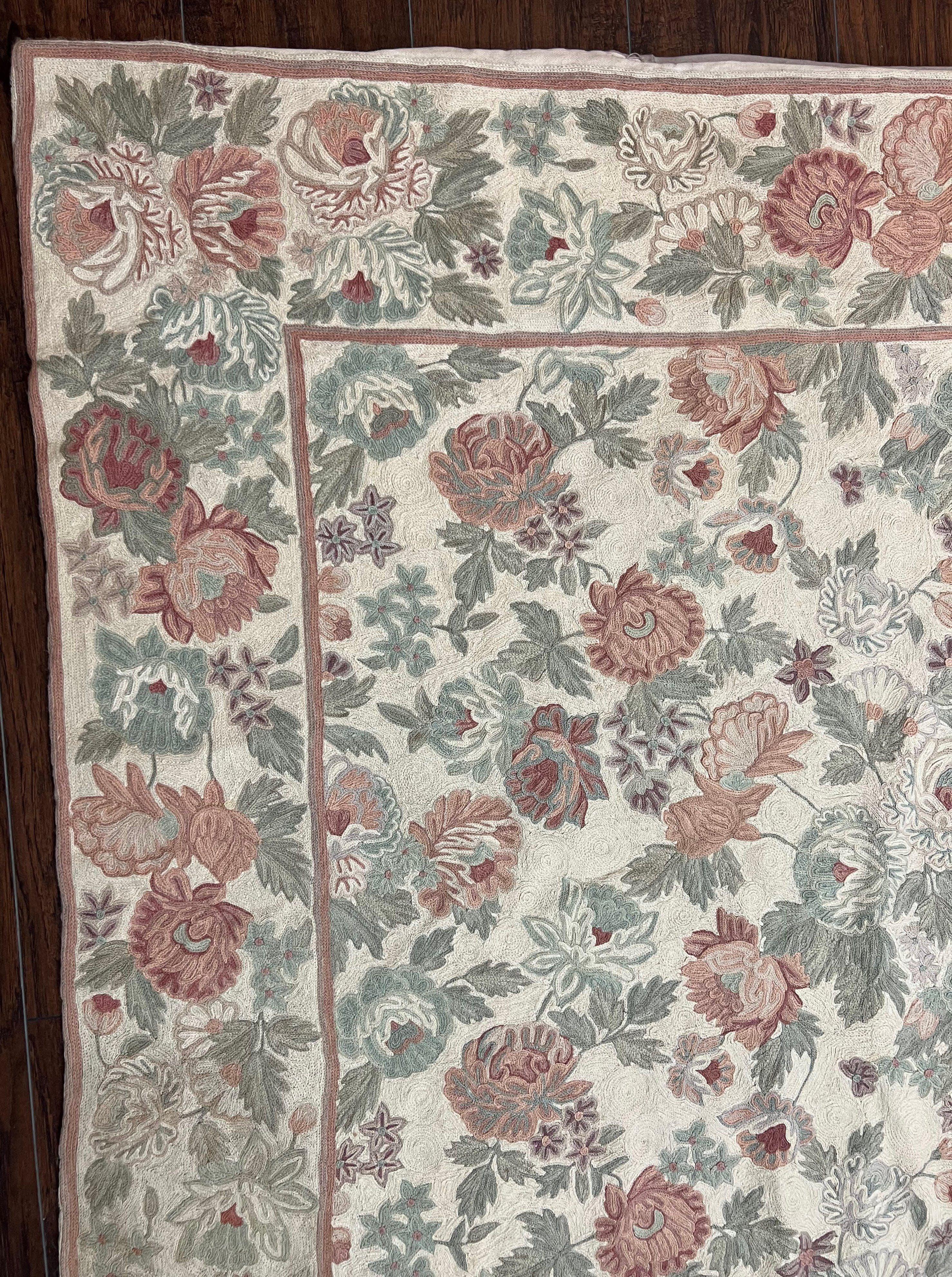 Indian Hand Stitched Rug 9x12 Florall Allover Vintage Wool Cream Rose Floral - Jewel Rugs