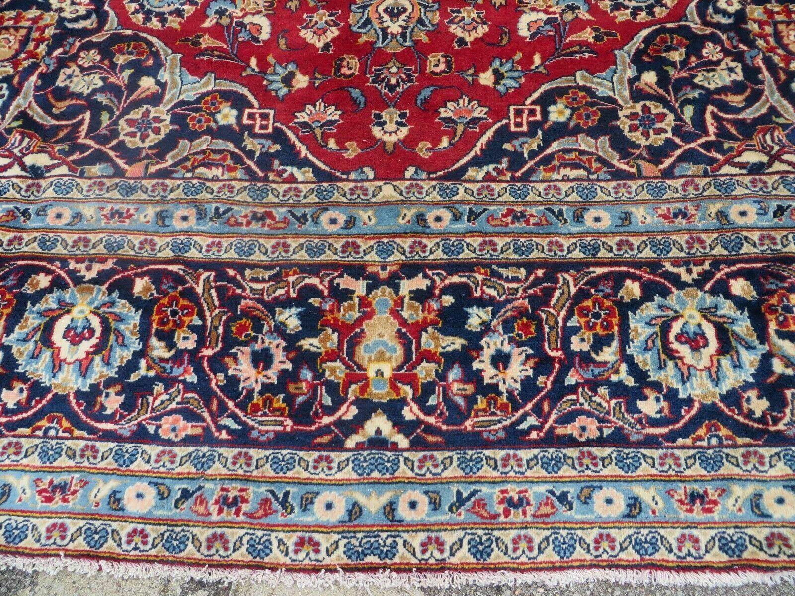 Vintage Persian Kashan Rug 10x13, Hand Knotted Room Sized Carpet, Red Light Blue Dark Blue, Wool, Traditional, Medallion and Corner Design - Jewel Rugs
