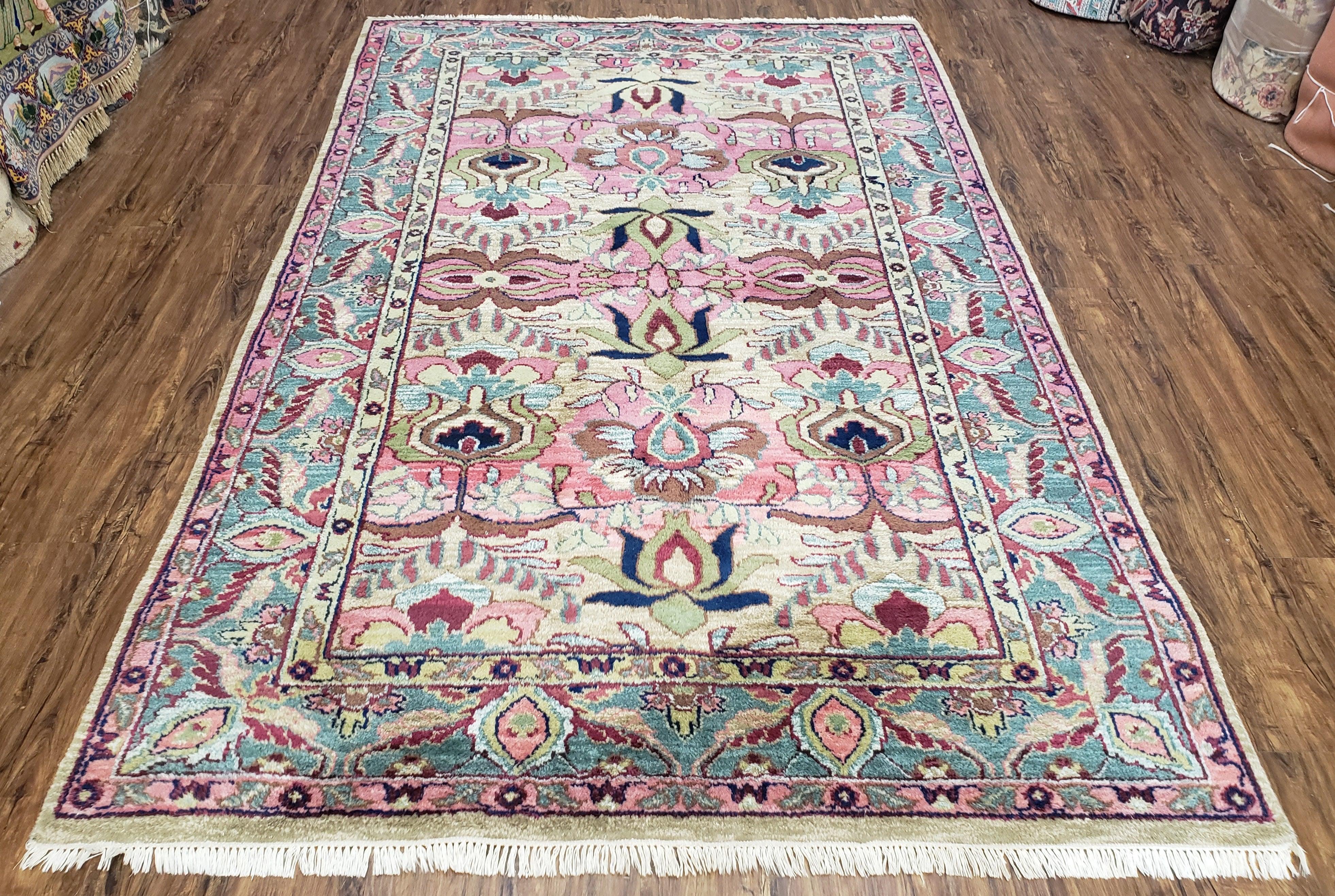 Indo Persian Rug, 6x9 Rug, Medium Sized Handmade Area Rug, Pink and Teal Oriental Carpet, Indian Rug, Vintage Rug, Hand Knotted Rug, Unique - Jewel Rugs