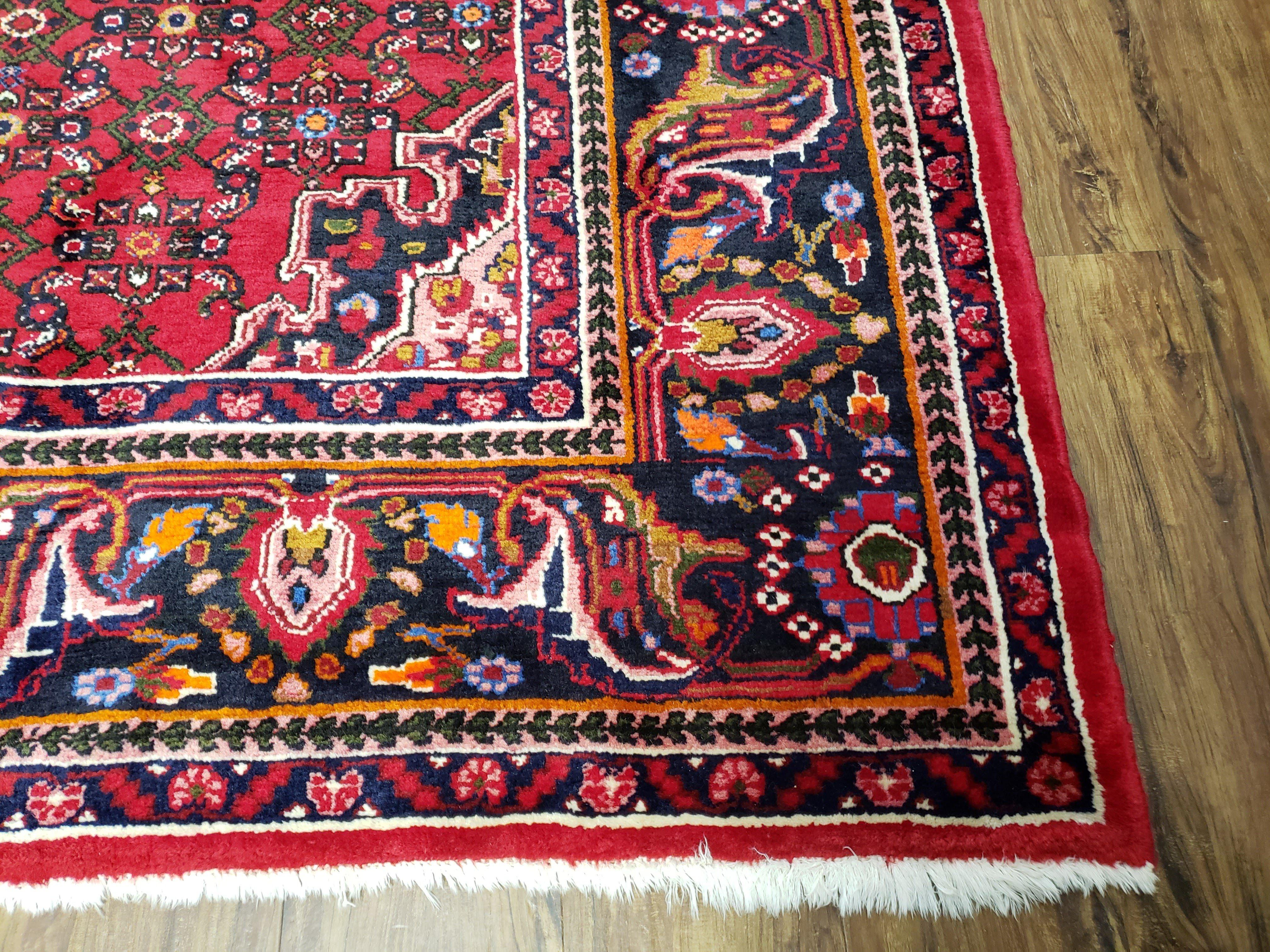 Vintage Persian Hamedan Dargazin Rug, Red, Hand-Knotted, Wool, 7' x 10' 2" - Jewel Rugs