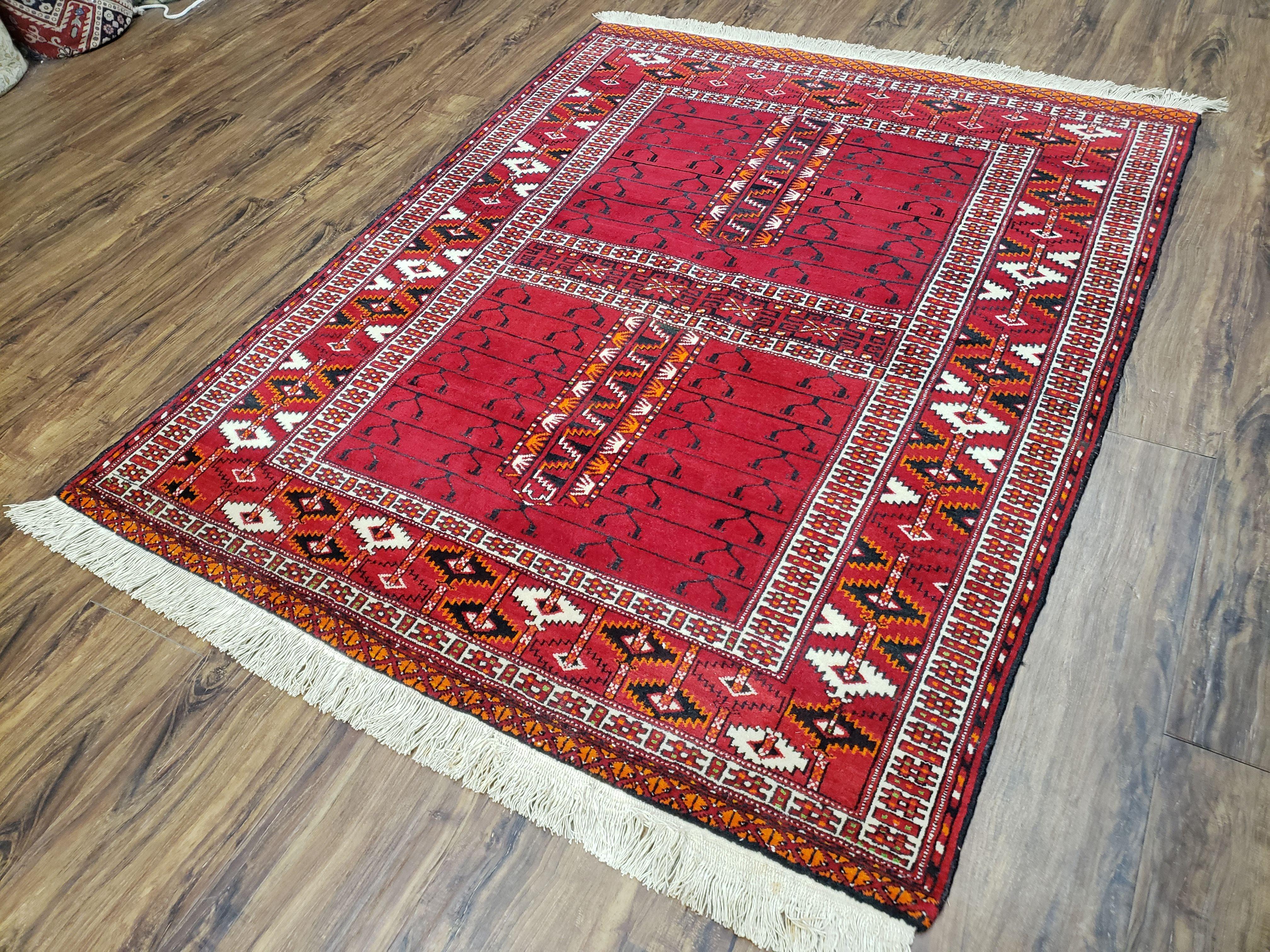 Antique Persian Turkoman Rug 4x5, Hatchli Tekkeh Ersari Red Tribal Rug, Handmade Wool Oriental Carpet, Four Seasons Rug - Jewel Rugs