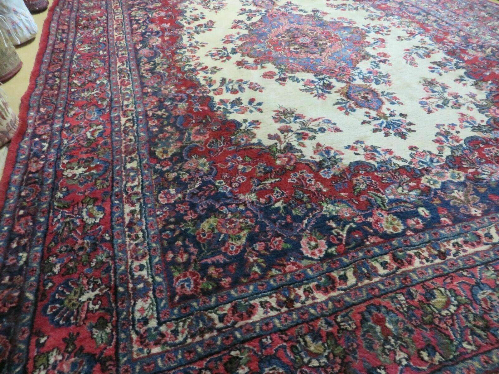 9x12 Persian Sarouk Rug - Semi Open Field Medallion Rug - Ivory Red Blue Hand Knotted Wool Oriental Carpet 9 x 12 Antique Rug - Vegetable Dyes - Jewel Rugs