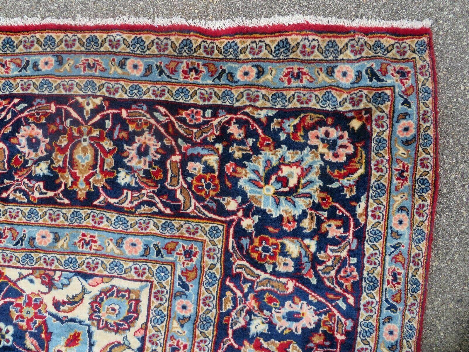 Vintage Persian Kashan Rug 10x13, Hand Knotted Room Sized Carpet, Red Light Blue Dark Blue, Wool, Traditional, Medallion and Corner Design - Jewel Rugs