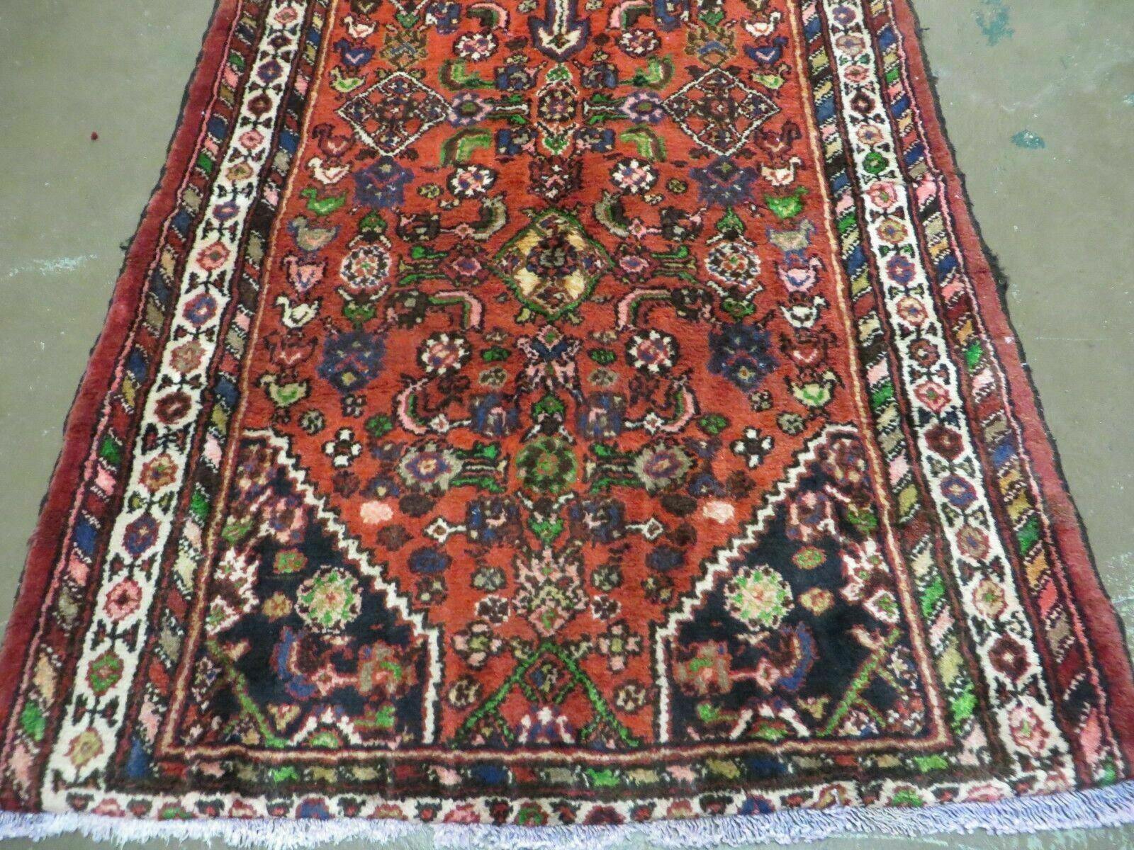 Persian Runner Rug, Antique Hamadan Runner Wool Tribal Runner, Handmade Oriental Rug, Medallion Allover Floral, Red Navy Blue Ivory, 3.4 x 7.9 ft - Jewel Rugs