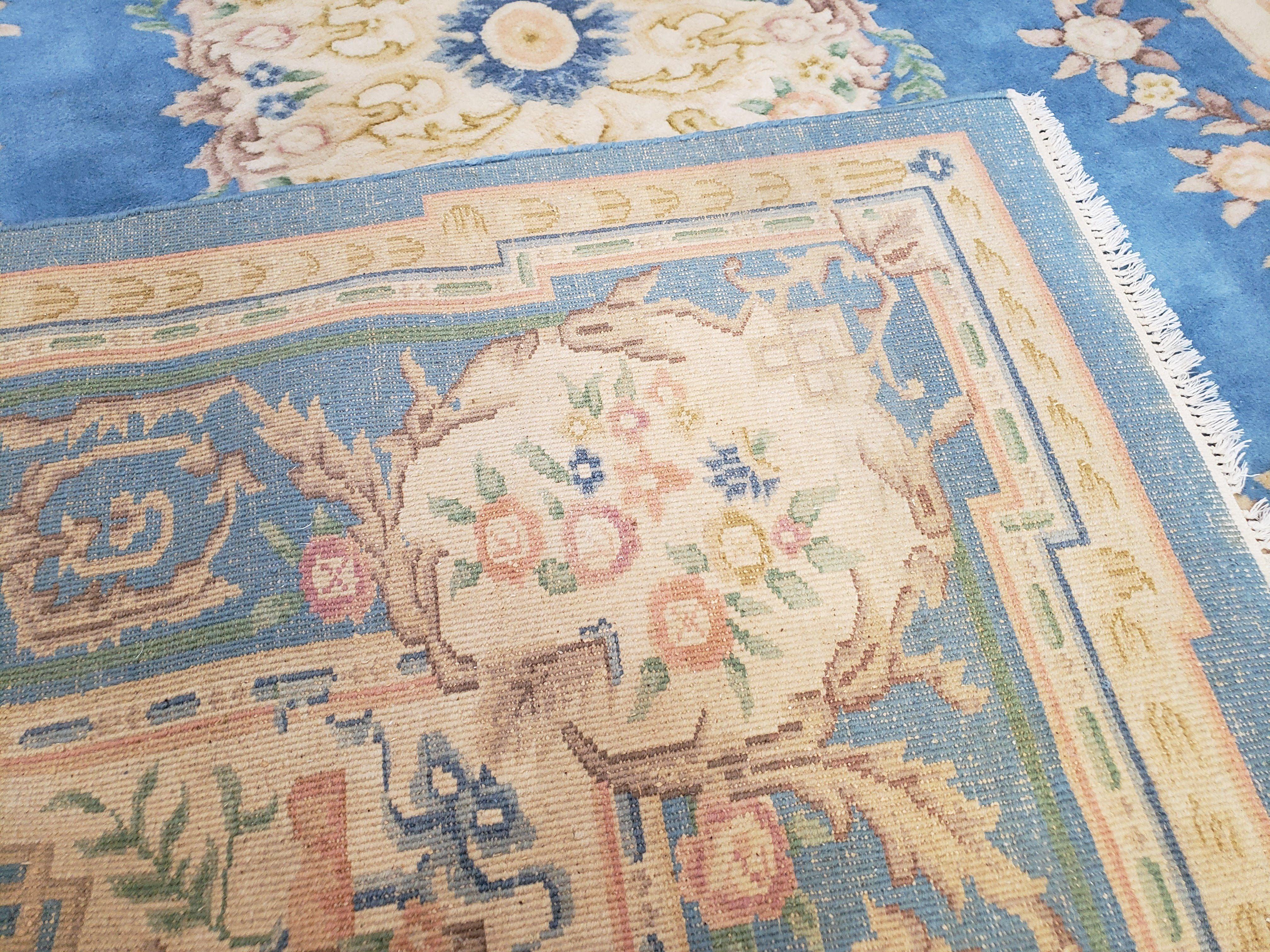 Light Blue and Ivory Rug, Indo Chinese Rug, Aubusson Rug, 8x11 - 9x12 Rugs, Room Sized Rug, Handmade Wool Area Rug, Vintage Rug, Sky Blue - Jewel Rugs