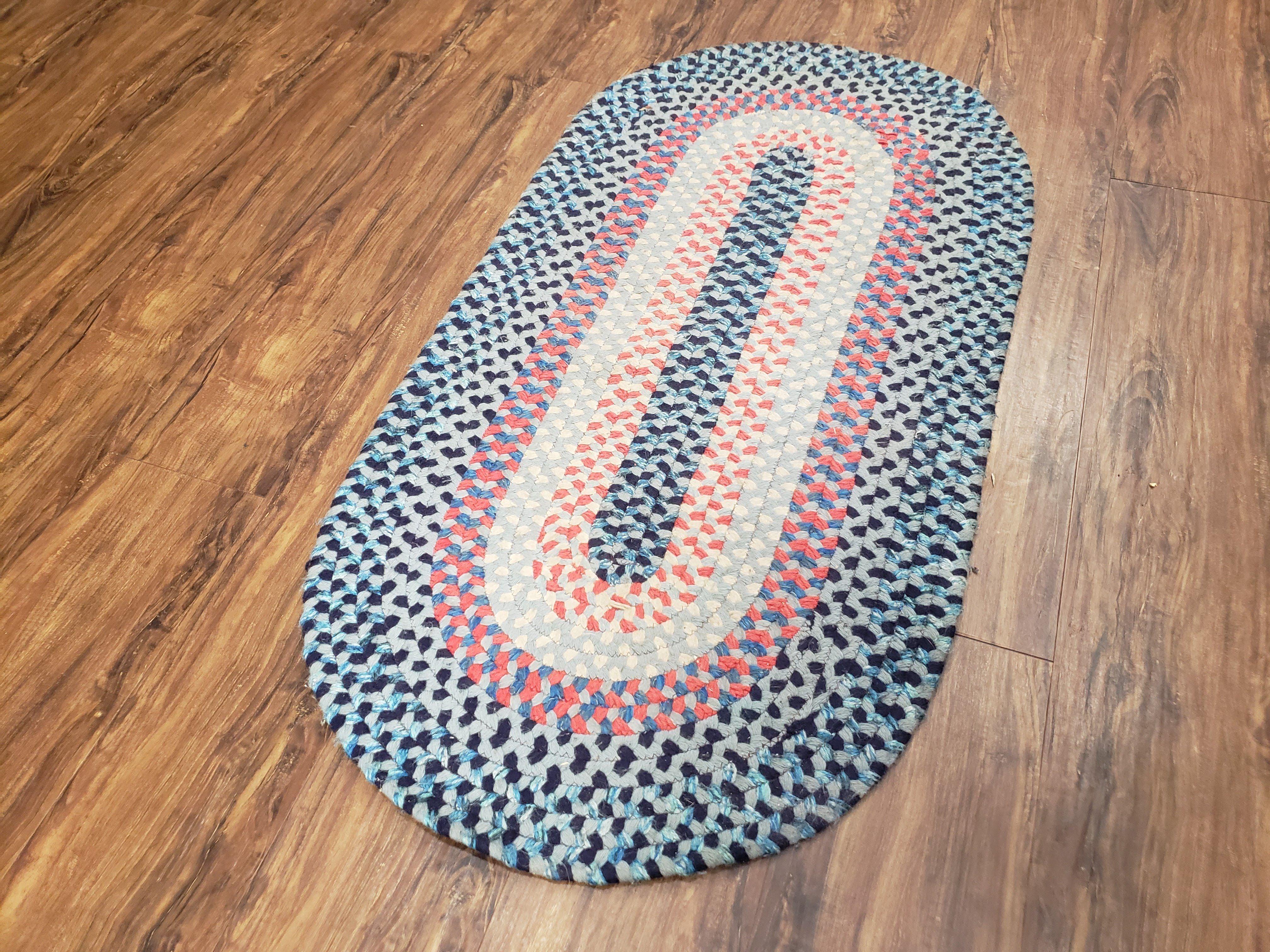 Oval Braided Rug, American Braided Rug, Multicolor Colorful, Blue Teal Cream Pink, 2x4 Oval Rug, Vintage 1960s Rug - Jewel Rugs