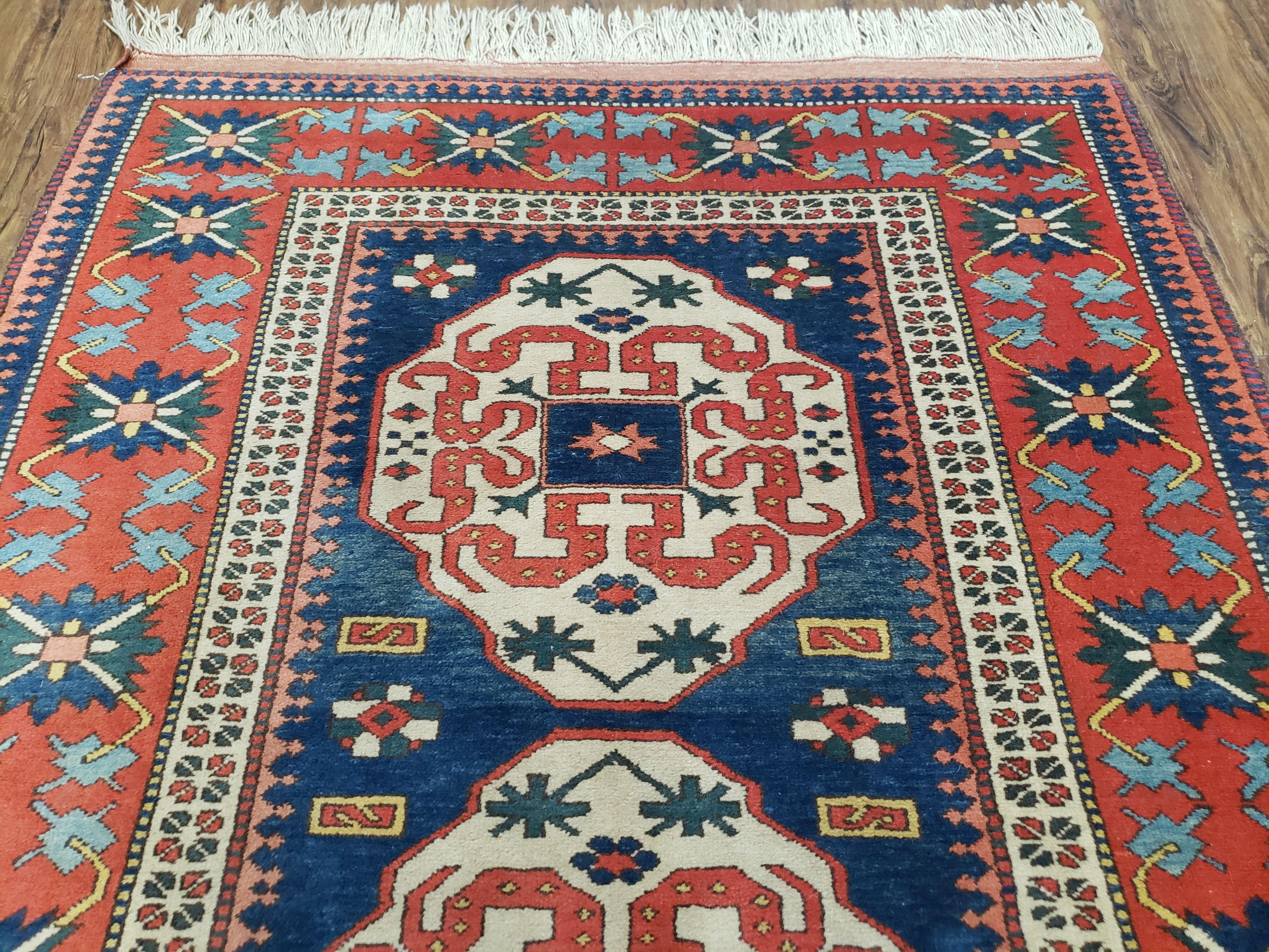 Turkish Kazak Rug 5x6 Vintage Handmade Wool Carpet Geometric Blue Red - Jewel Rugs