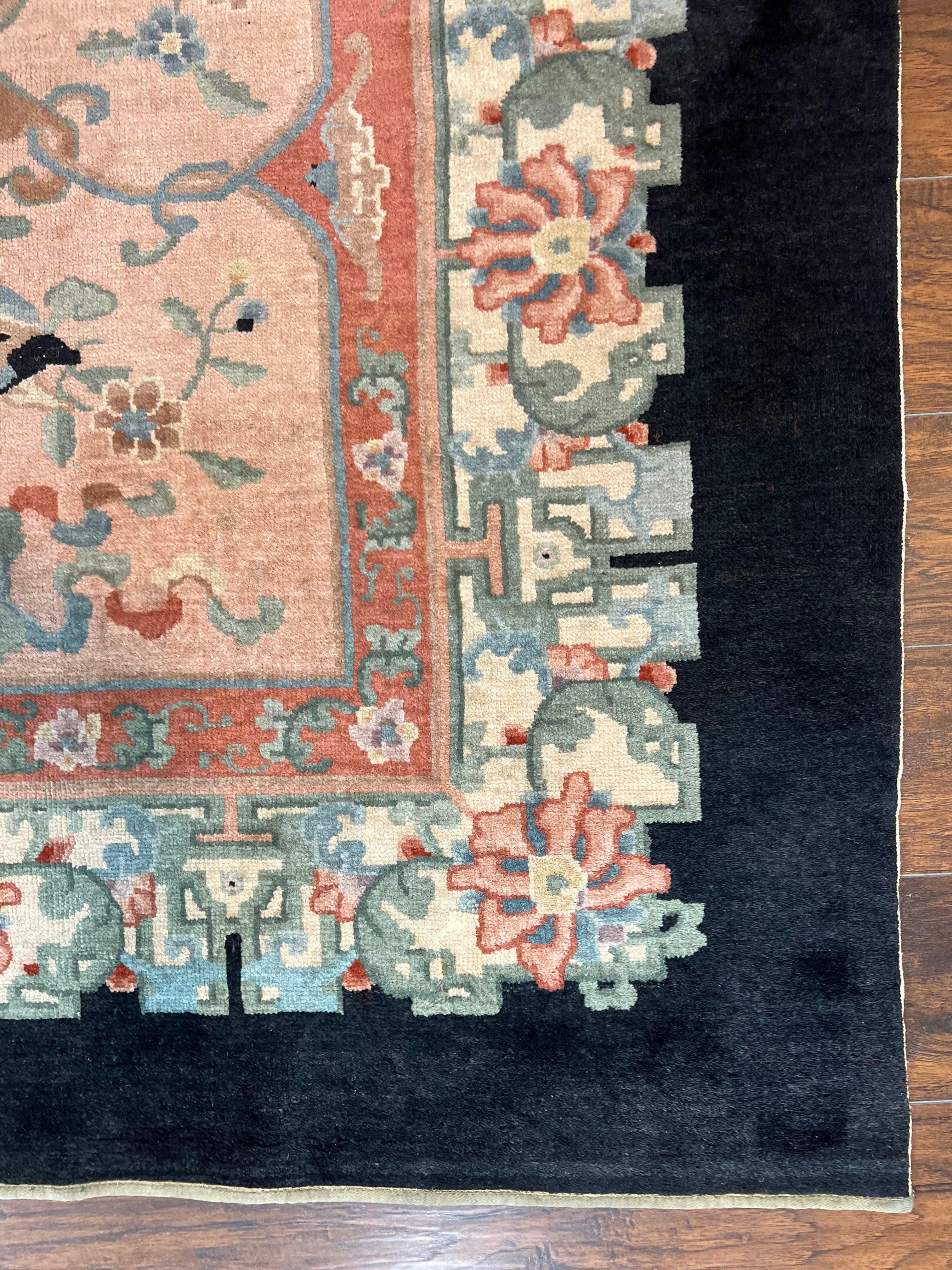 Antique Chinese Wool Rug 9x12, Chinese Peking Fete Carpet 9 x 12 ft, Pink Black Cream Light Blue, Handmade Hand Knotted Asian Art Deco Rug - Jewel Rugs