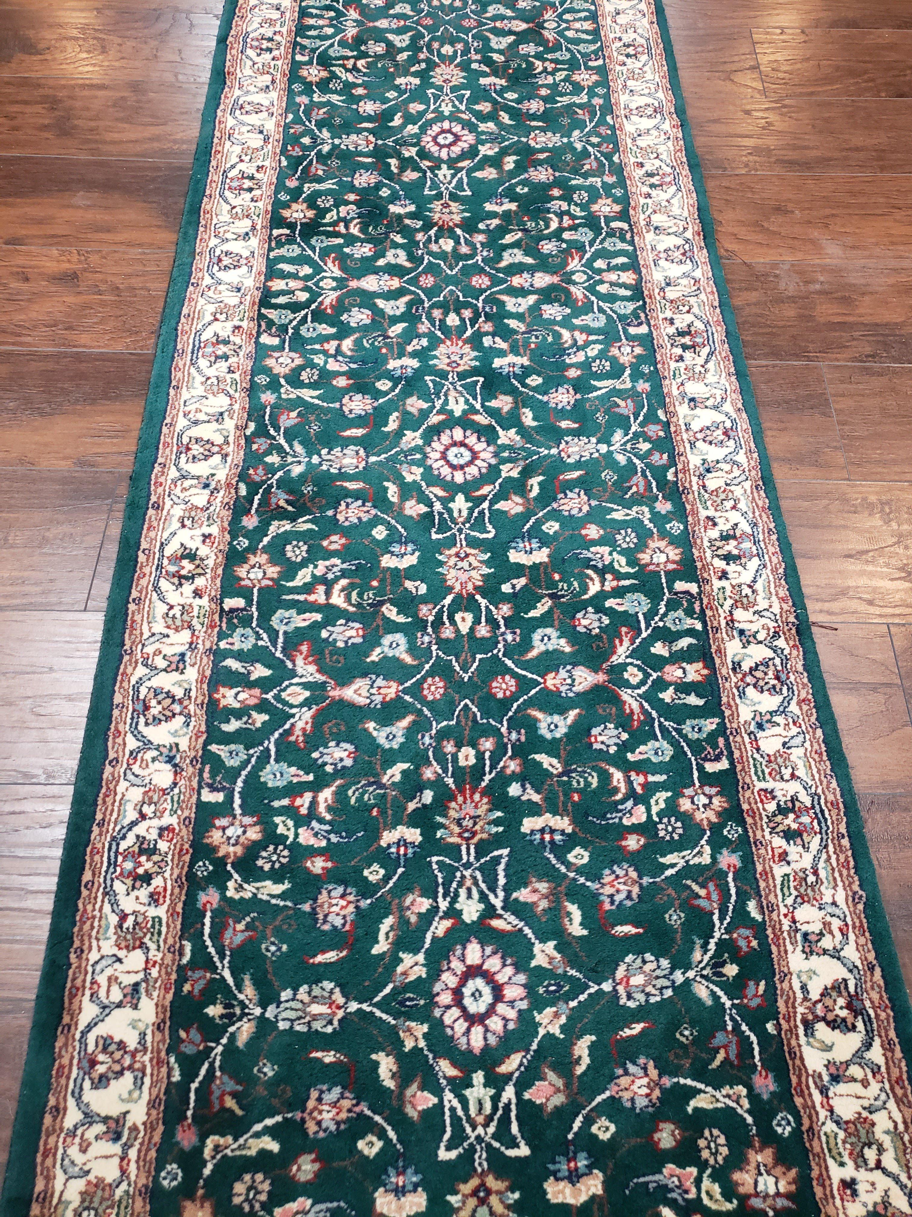 Extra Long Runner Rug 24 ft, Skinny & Long Rug for Hallway Corridor 2.6 x 24 Indo Persian Vintage Wool Rug Green and Cream Handmade Oriental - Jewel Rugs